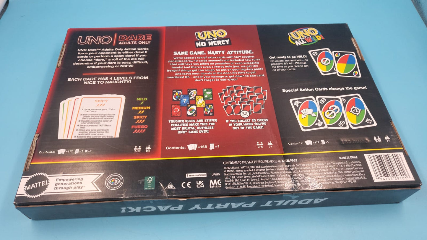 UNO All Wild, Show 'em No Mercy, Dare Adults Only Paquete de 3 cartas