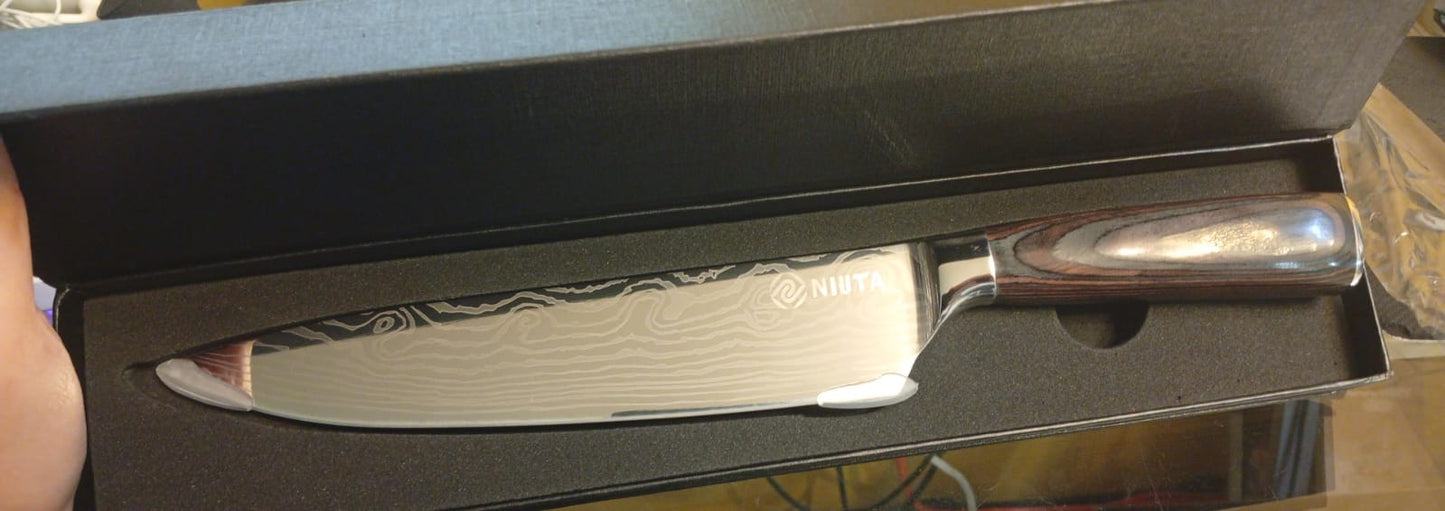 Cuchillo de chef, 8", estilo japonés, acero de Damasco.