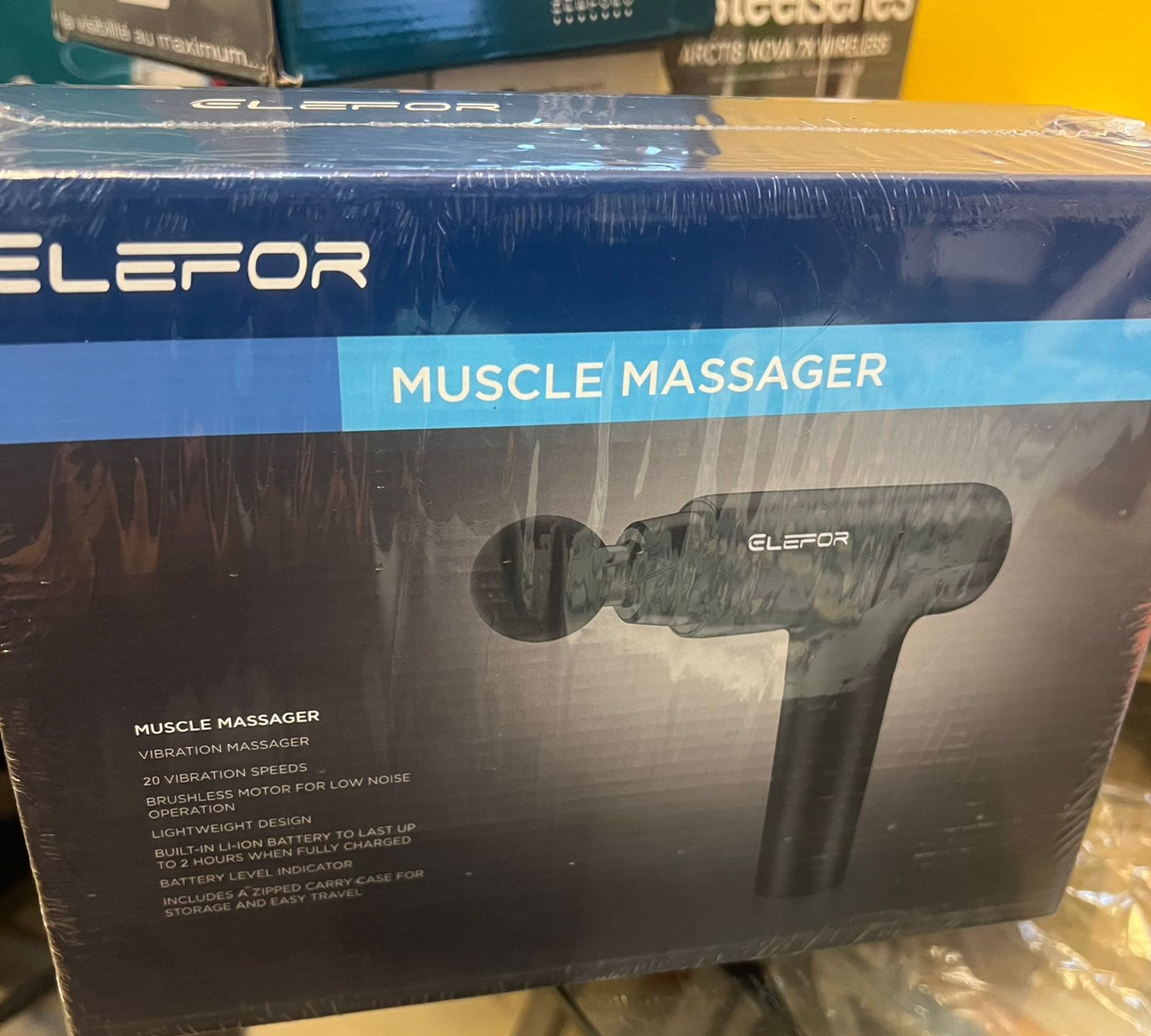 Pistola de masaje Elefor de tejido profundo para deportistas con 8 cabezales, 20 niveles y batería de 2000 mAh