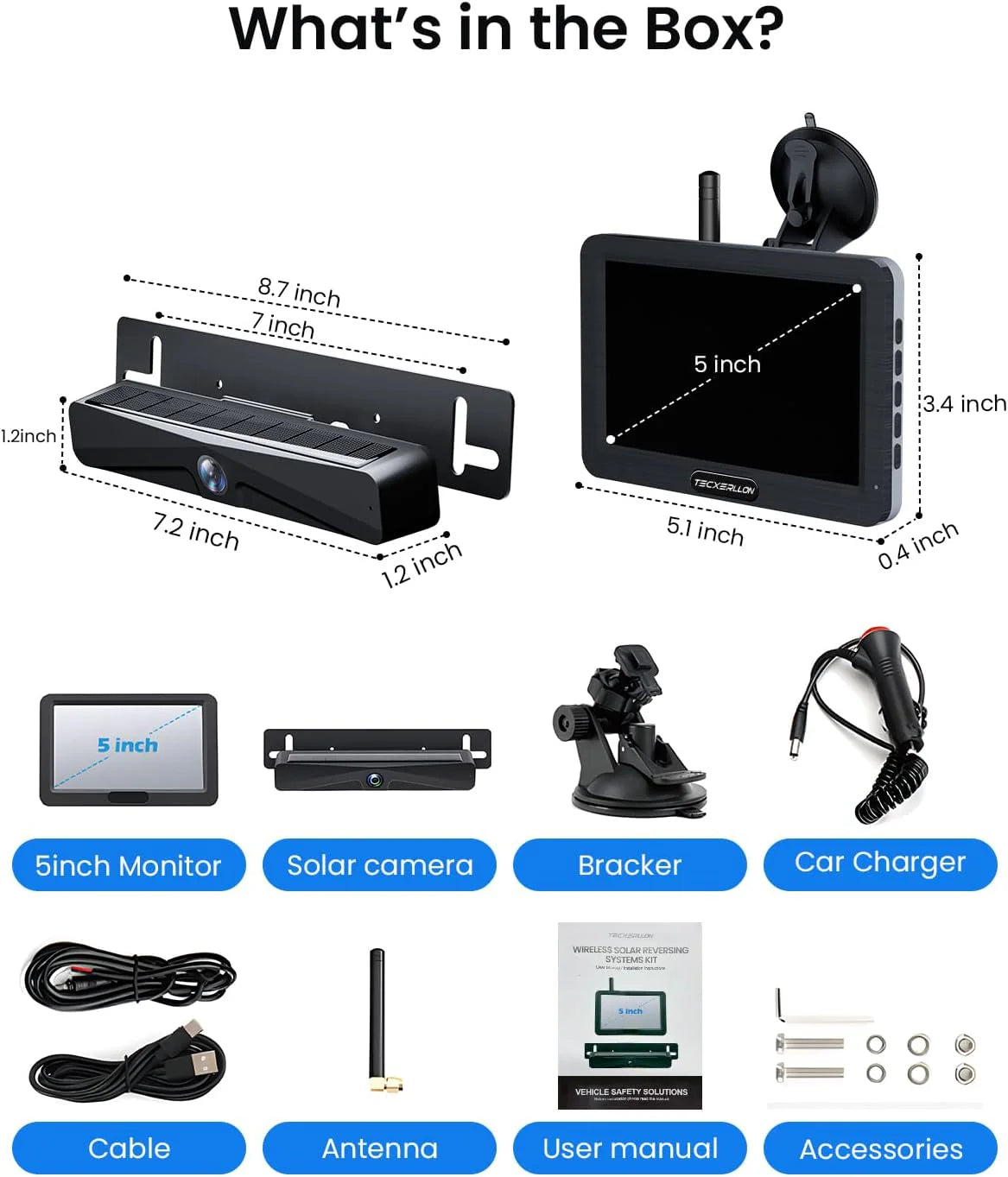 Cámara de respaldo inalámbrica, solar, monitor 1080P de 5"