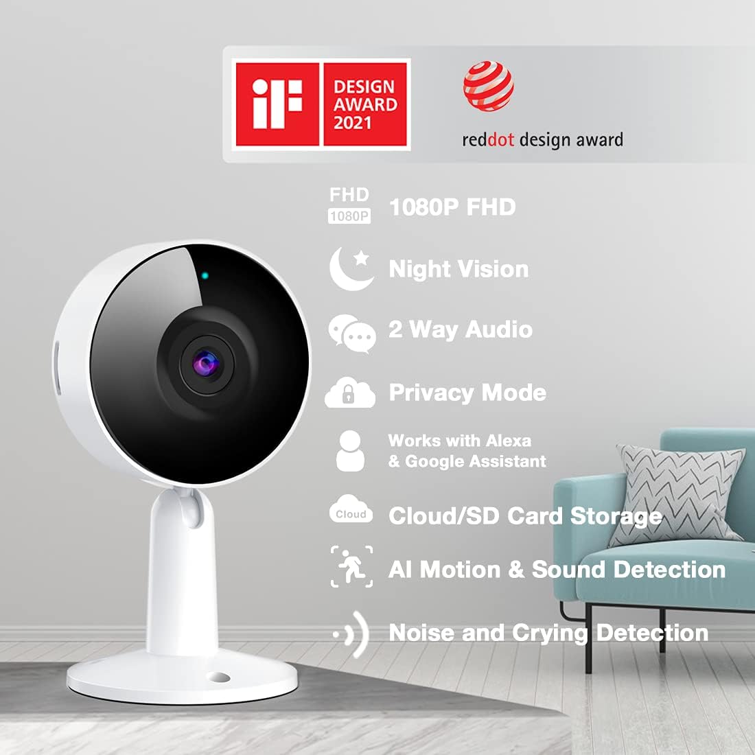ARENTI Cámara de seguridad WiFi para interiores. 2 PACK.