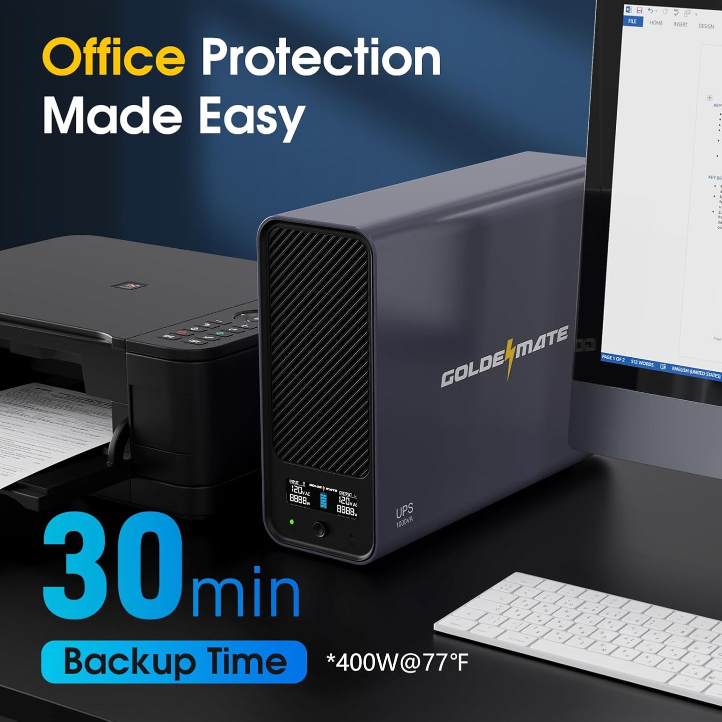 Fuente de alimentación, protector de sobretensiones y batería.