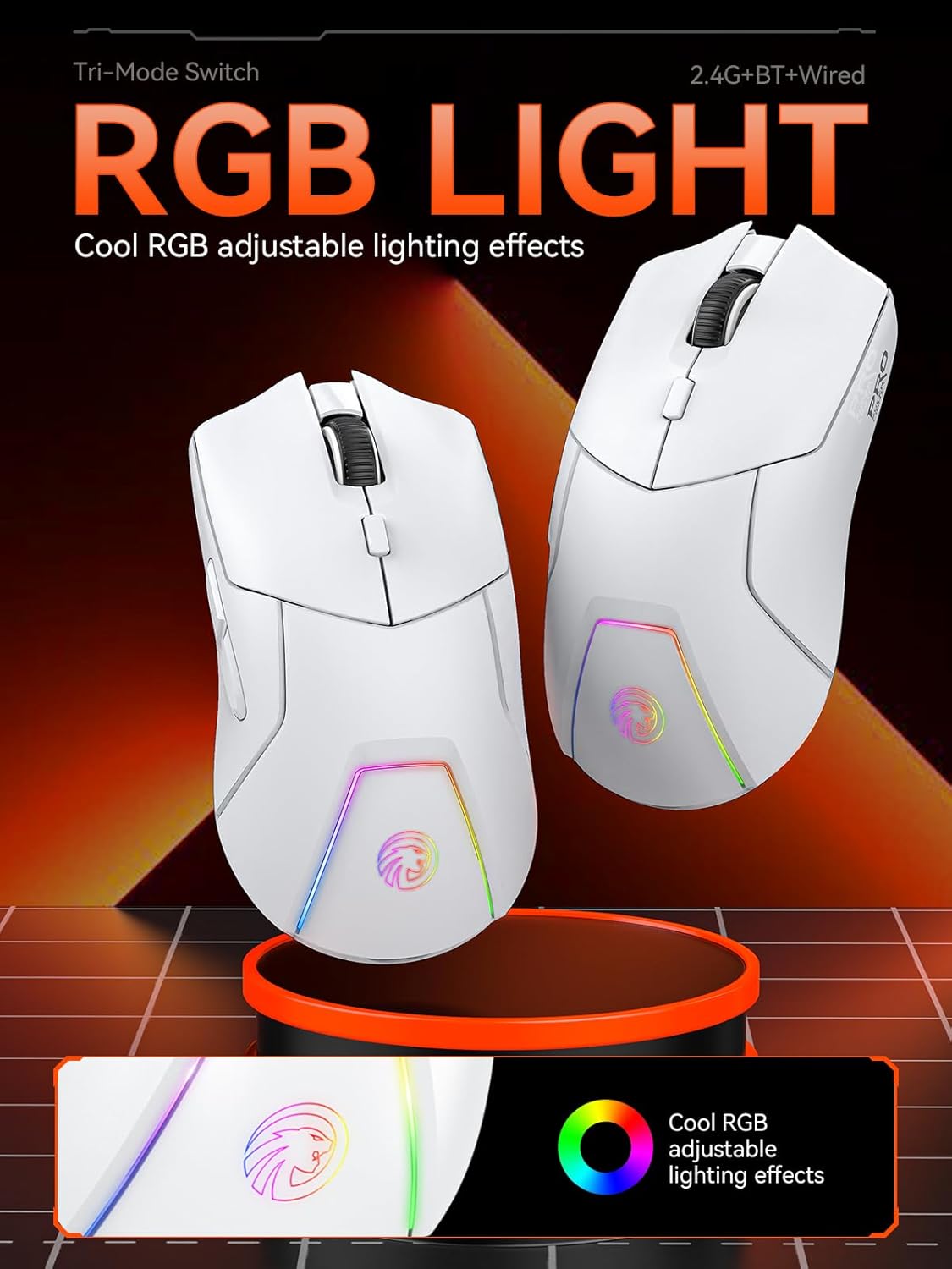Mouse inalámbrico blanco para juegos, tres modos (2.4G/Bluetooth/cableado)