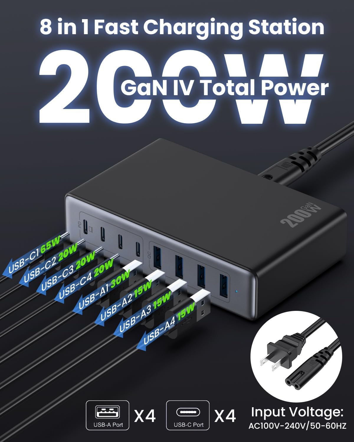 Adaptador USB C 200W 8 puertos carga rápida