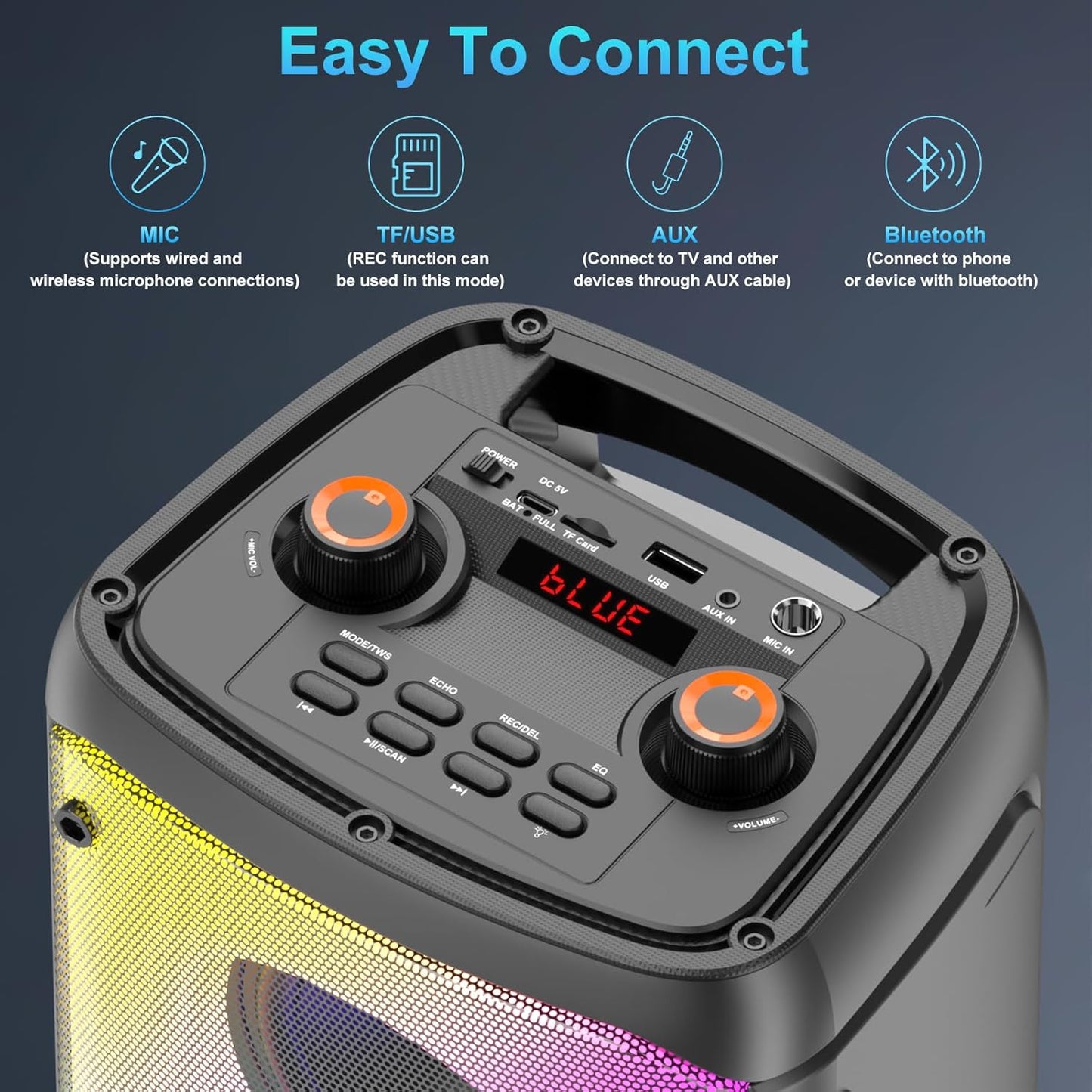 Altavoz Bluetooth Q55, con 2 microfonos, luces RGB,(DETALLE).