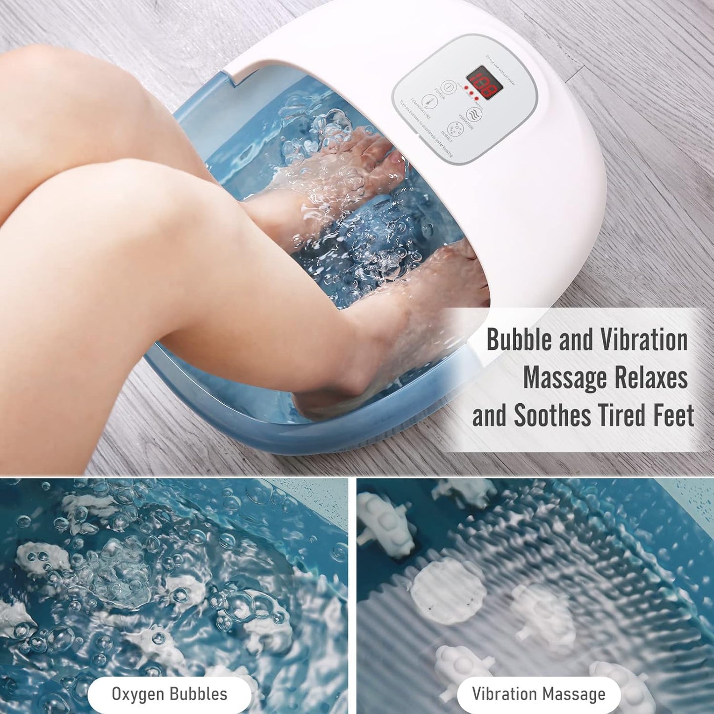 Masajeador de baño de pies con calor, burbujas, vibración, y 14 rodillos de masaje.