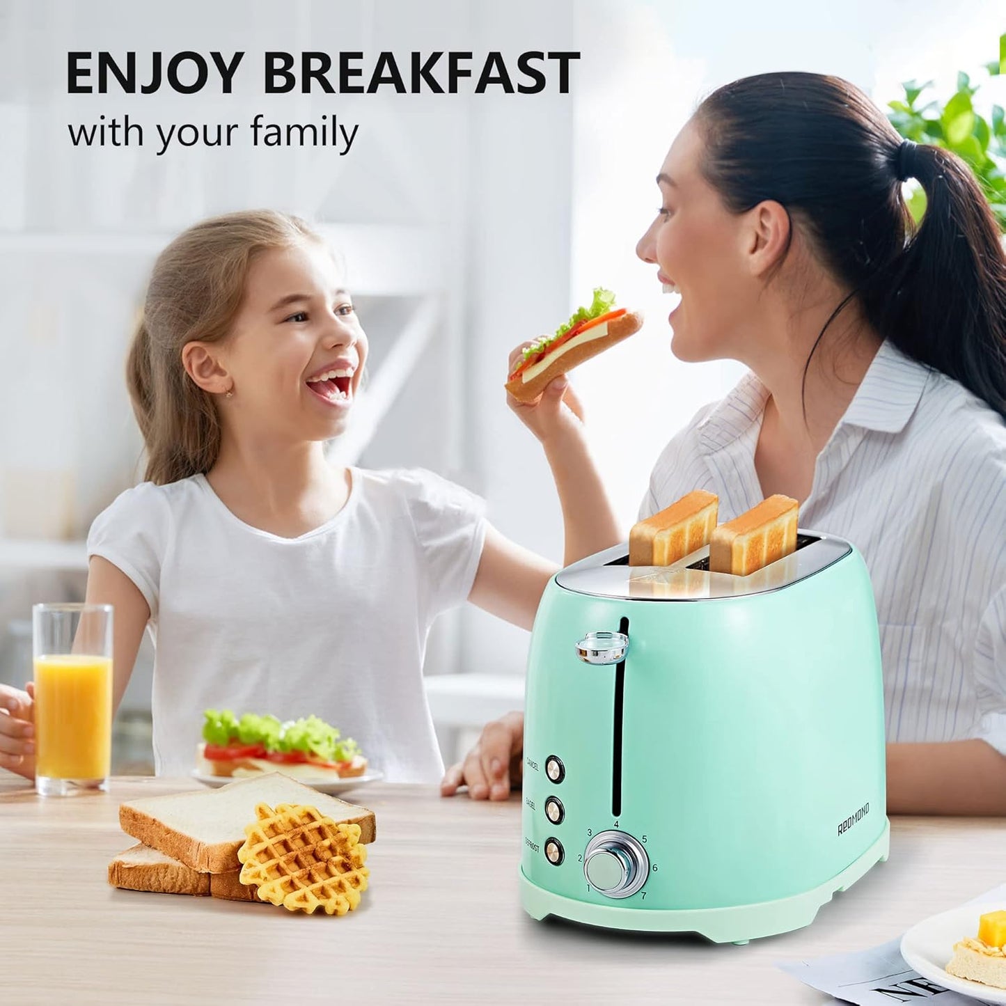 Tostador 2 rebanadas, acero inoxidable REDMOND aguamarina.