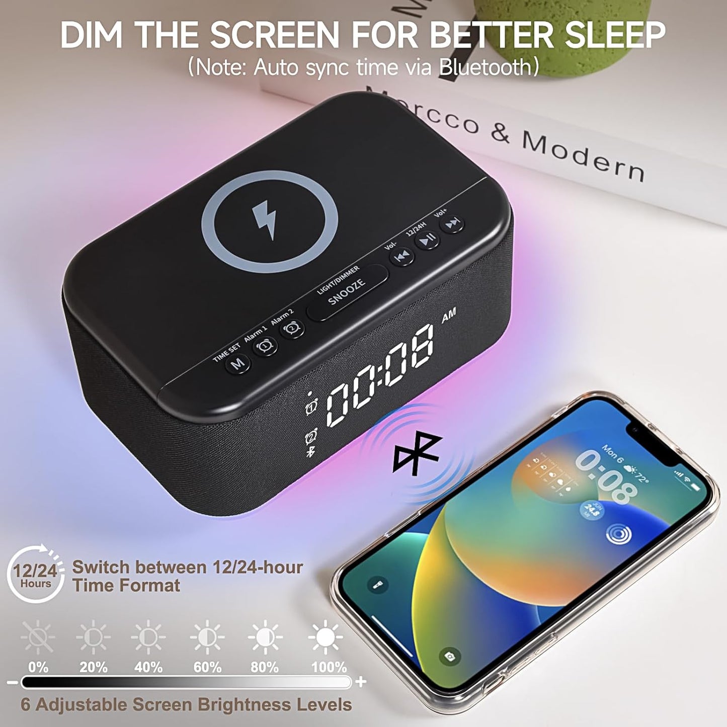 Reloj despertador con altavoz cargador inalámbrico, despertador digital,