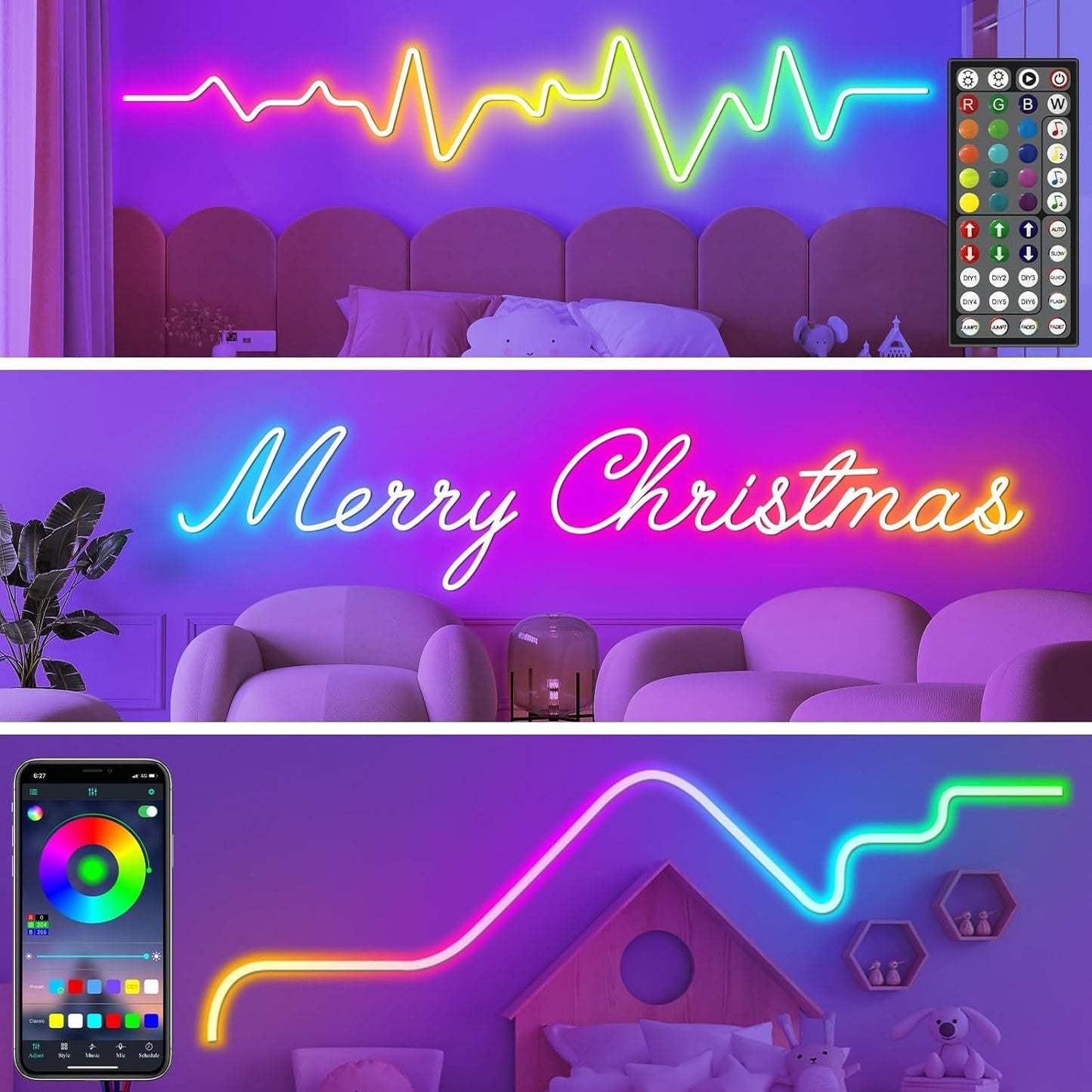 Tira de luces LED de neón de 60 pies, Control remoto, RGB.(USADO)