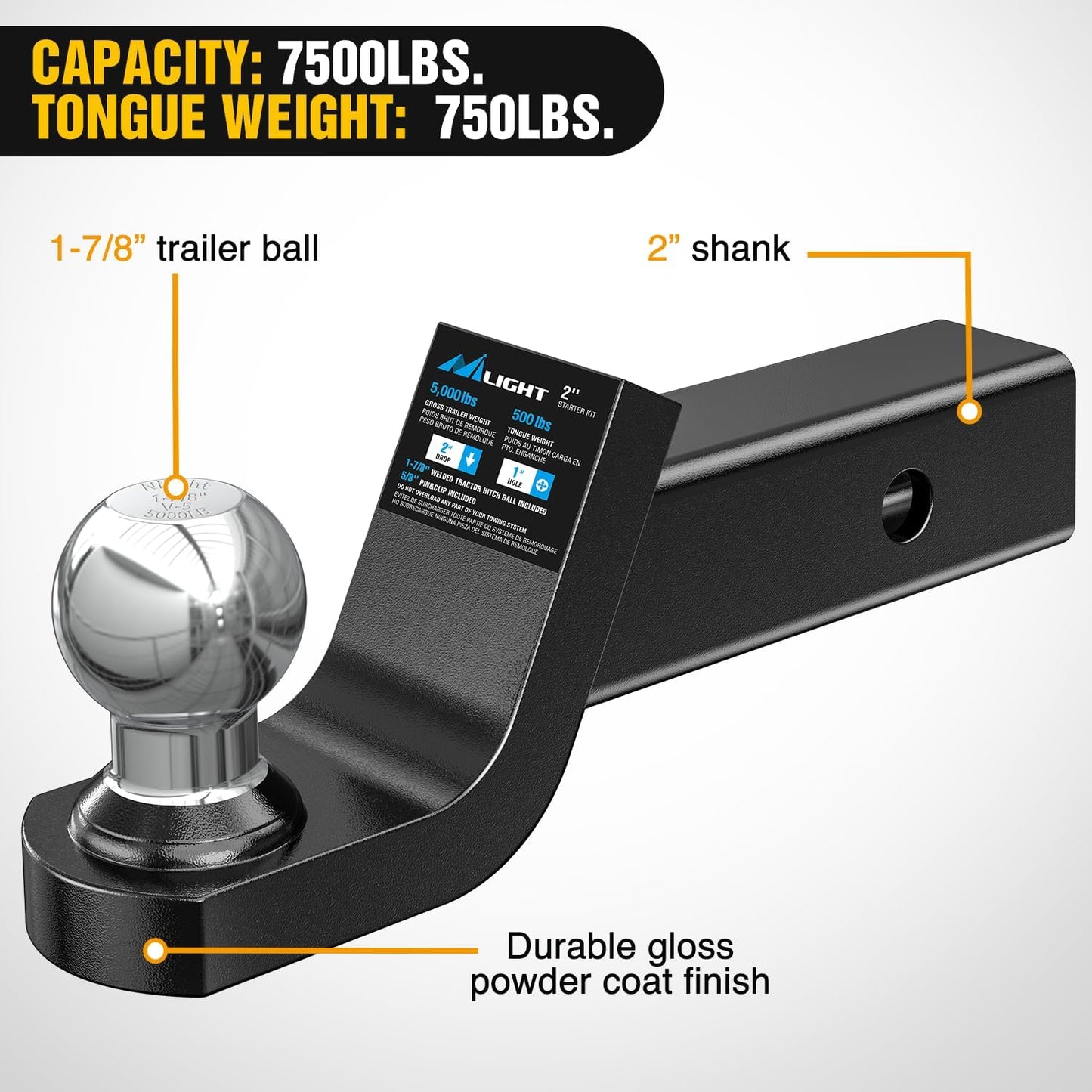 Bola de enganche para remolque, 2" fall, 500LB, 5/8", Nilight, (USADA).