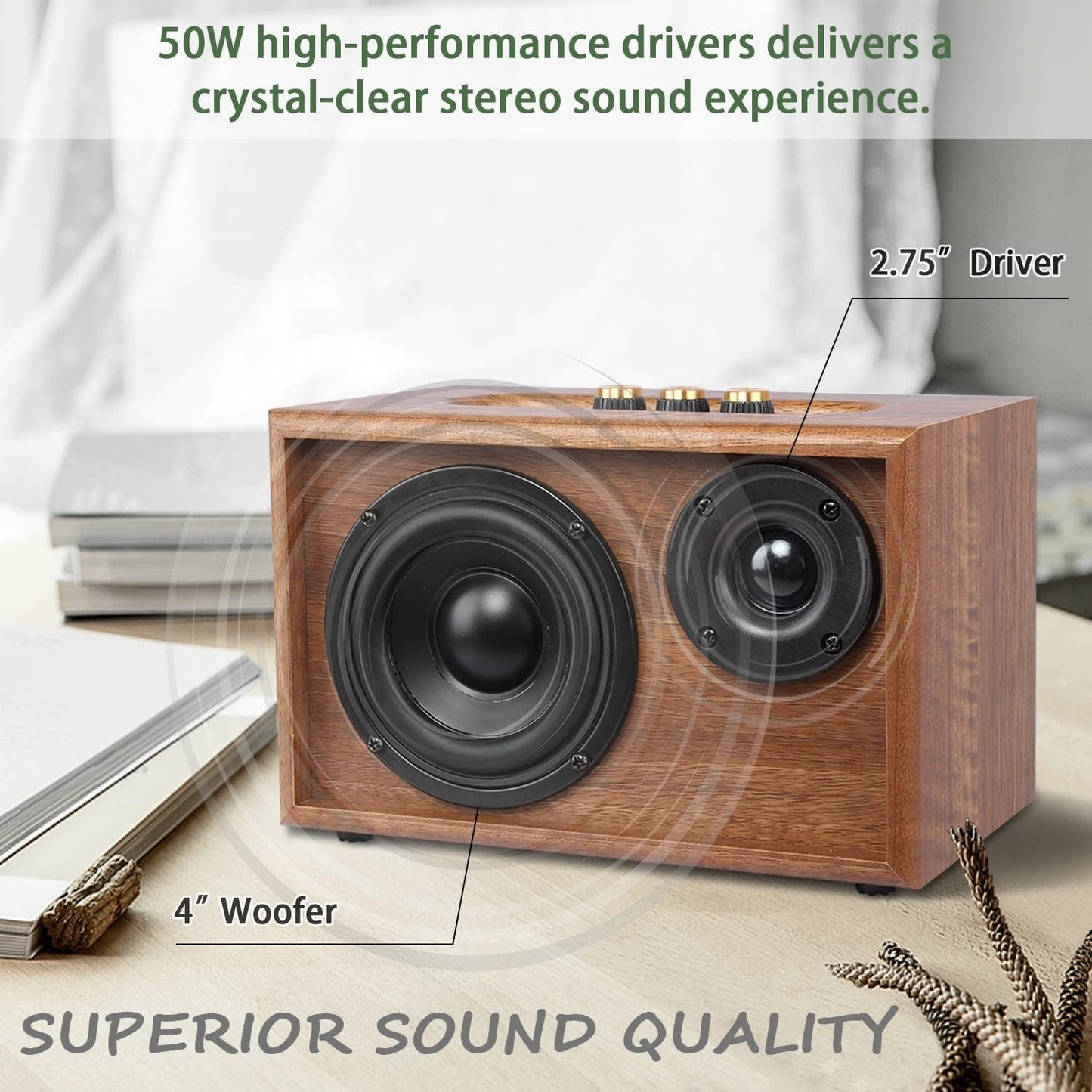 KONEX, Altavoz Bluetooth, madera retro, portátil, vintage.