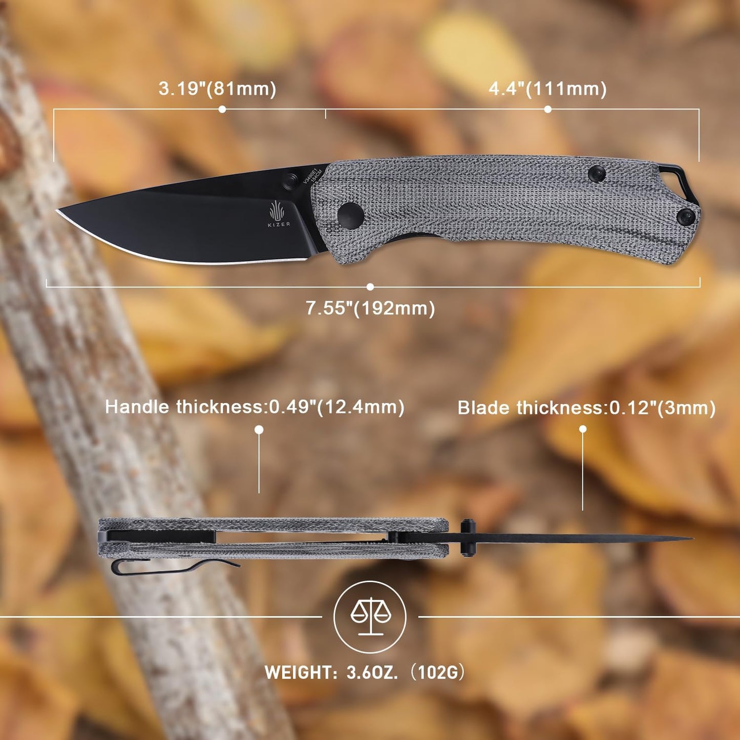 Kizer Cuchillo de bolsillo T1, 3.19 pulgadas, hoja de acero, mango micarta.