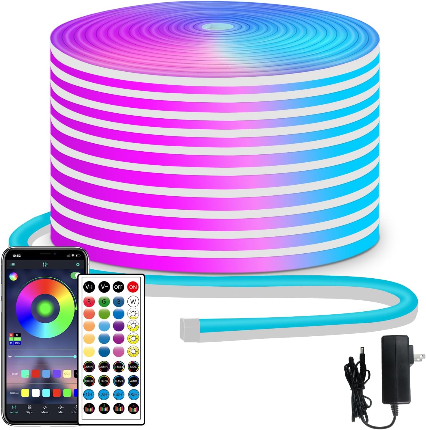 Tira de luces LED RGB de neón de 50FT, control remoto, (DETALLE).