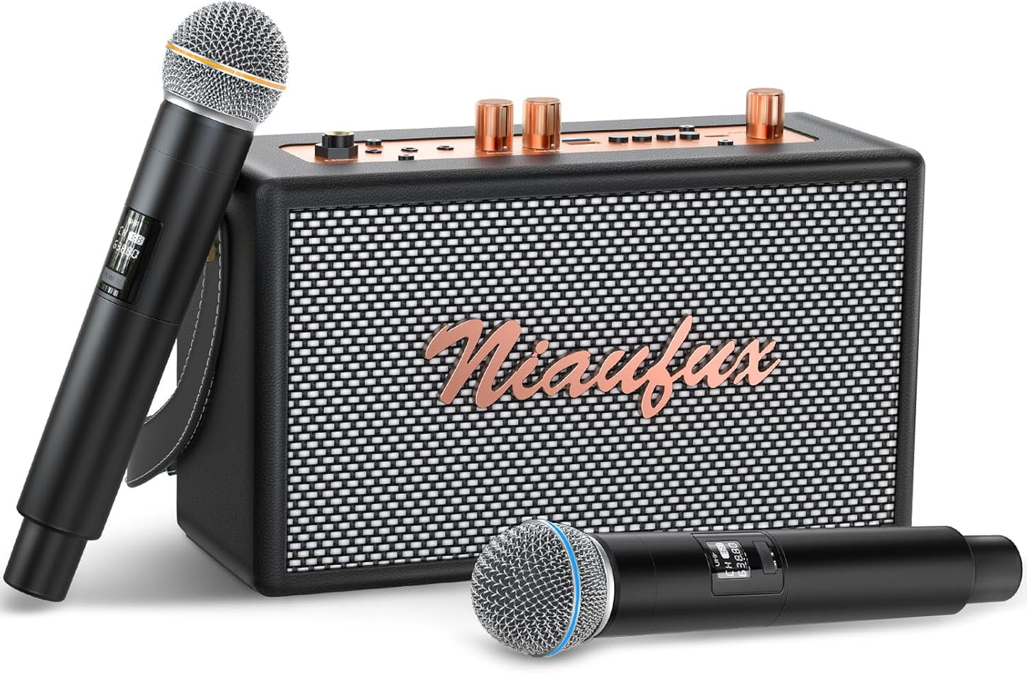 Karaoke retro con 2 micrófonos inalámbricos, Bluetooth, recargable.