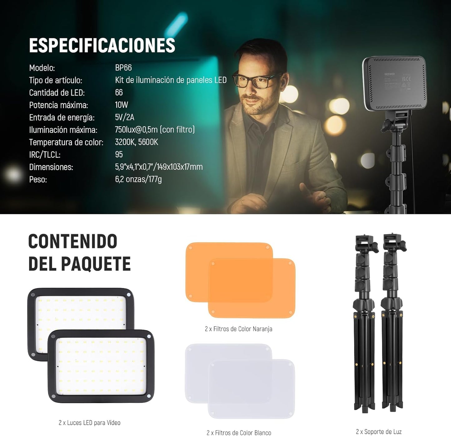 NEEWER- Kit Iluminación Panel Luz Vídeo LED , Paquete de 2