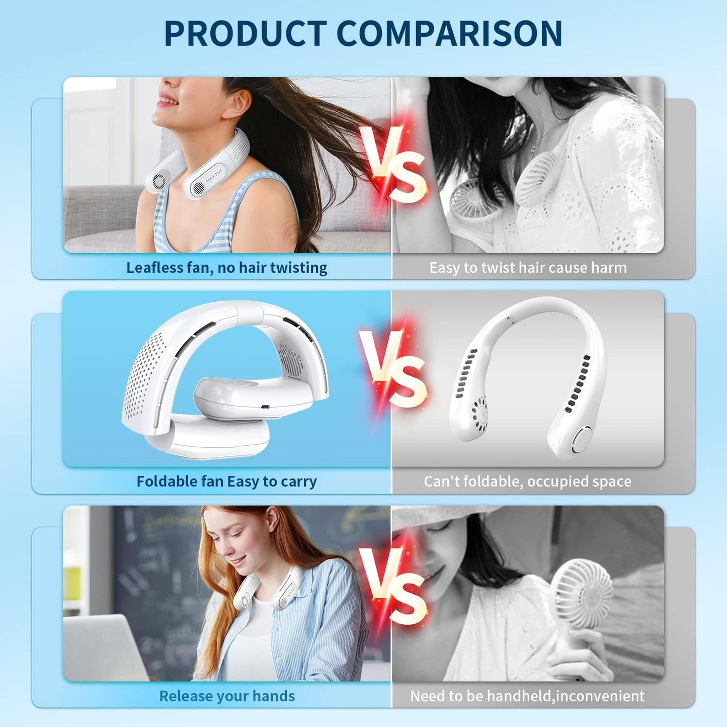 Ventilador de cuello portátil sin aspas, recargable por USB.