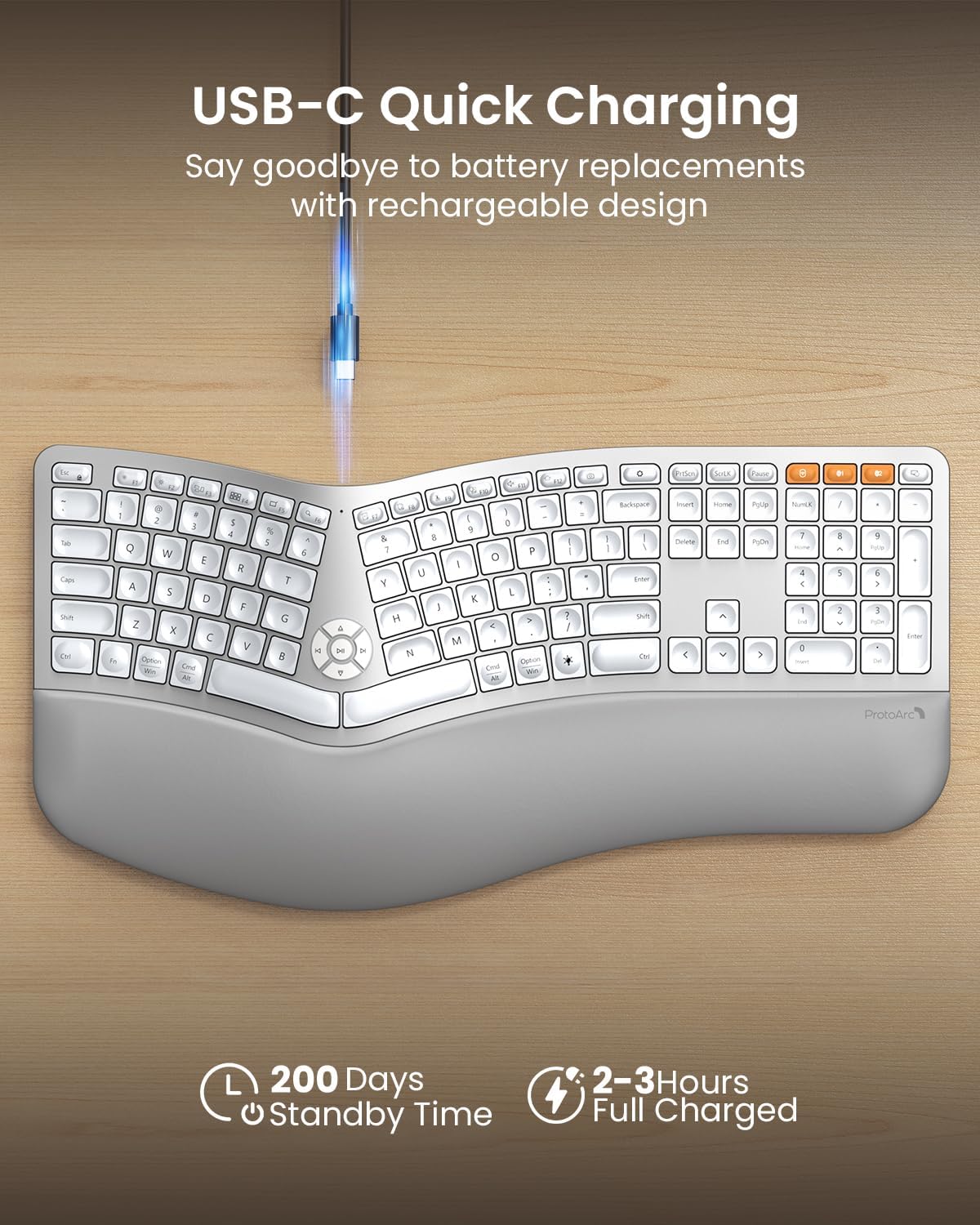 Teclado ergonómico Bluetooth retroiluminado ProtoArc. BLANCO