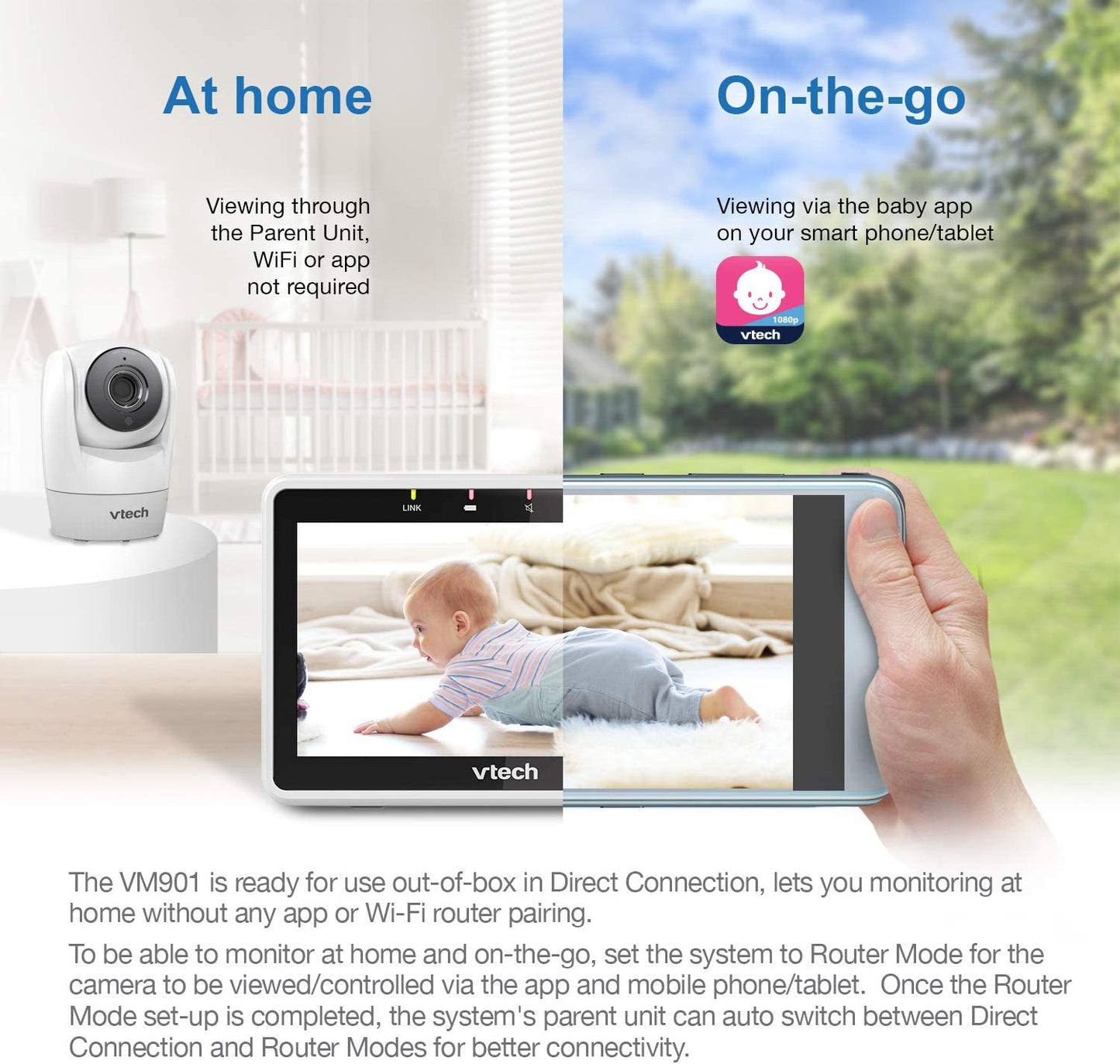 VTech Monitor inteligente mejorado para bebés VM901, 5" 1080p.