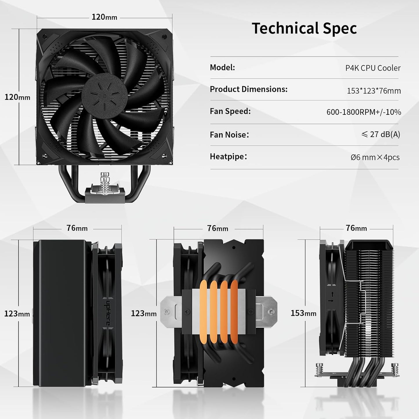 UpHere P4K Enfriador de aire de CPU de 0.236 in x 4 tubos de calor de cobre