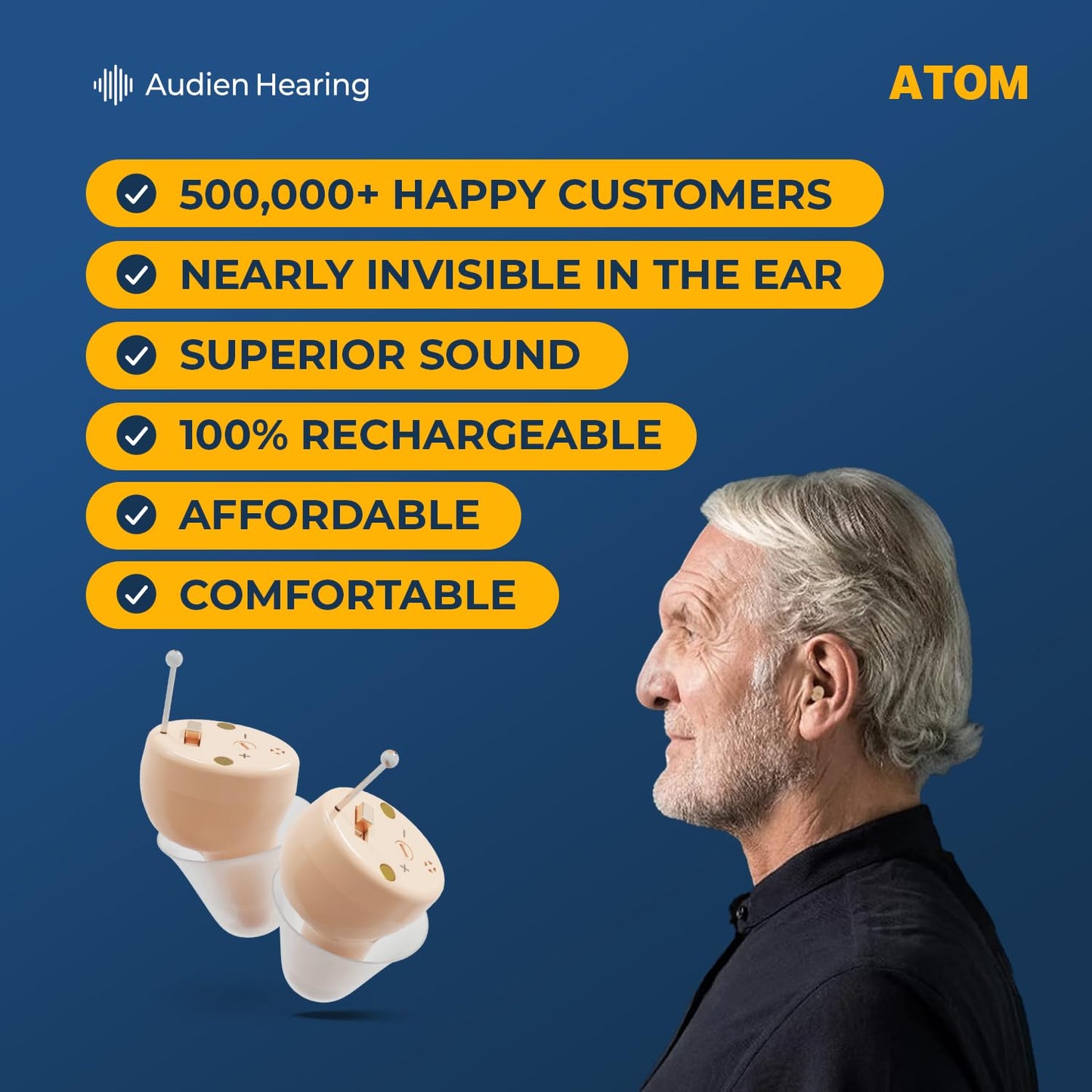 Amplificador auditivo recargable para ayudar a la audición. Audien ATOM