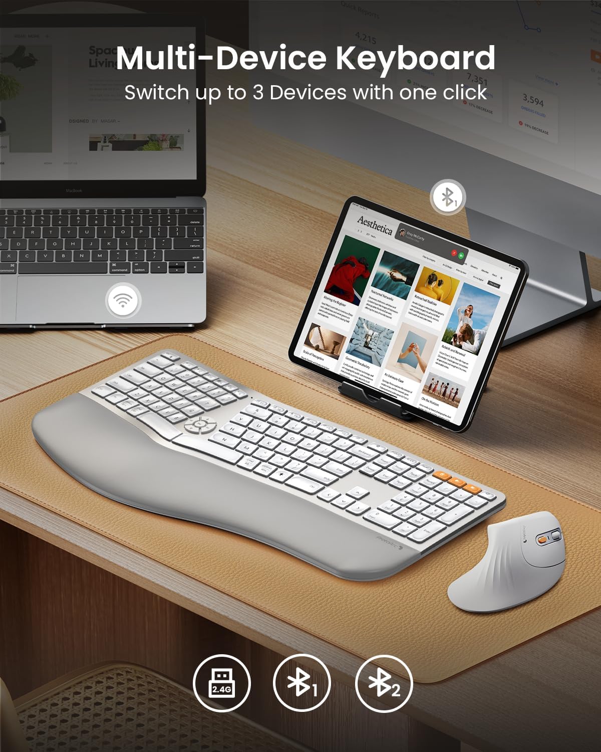 Teclado ergonómico Bluetooth retroiluminado ProtoArc. BLANCO
