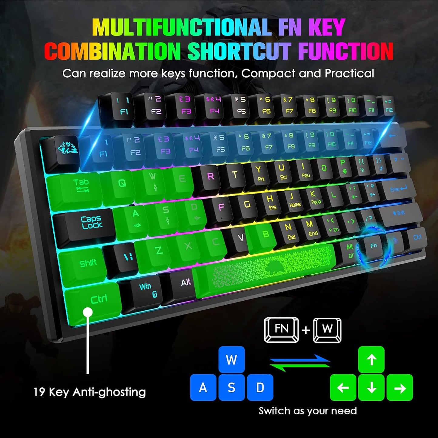 ZIYOU LANG Teclado para videojuegos K61 60% mini portátil.