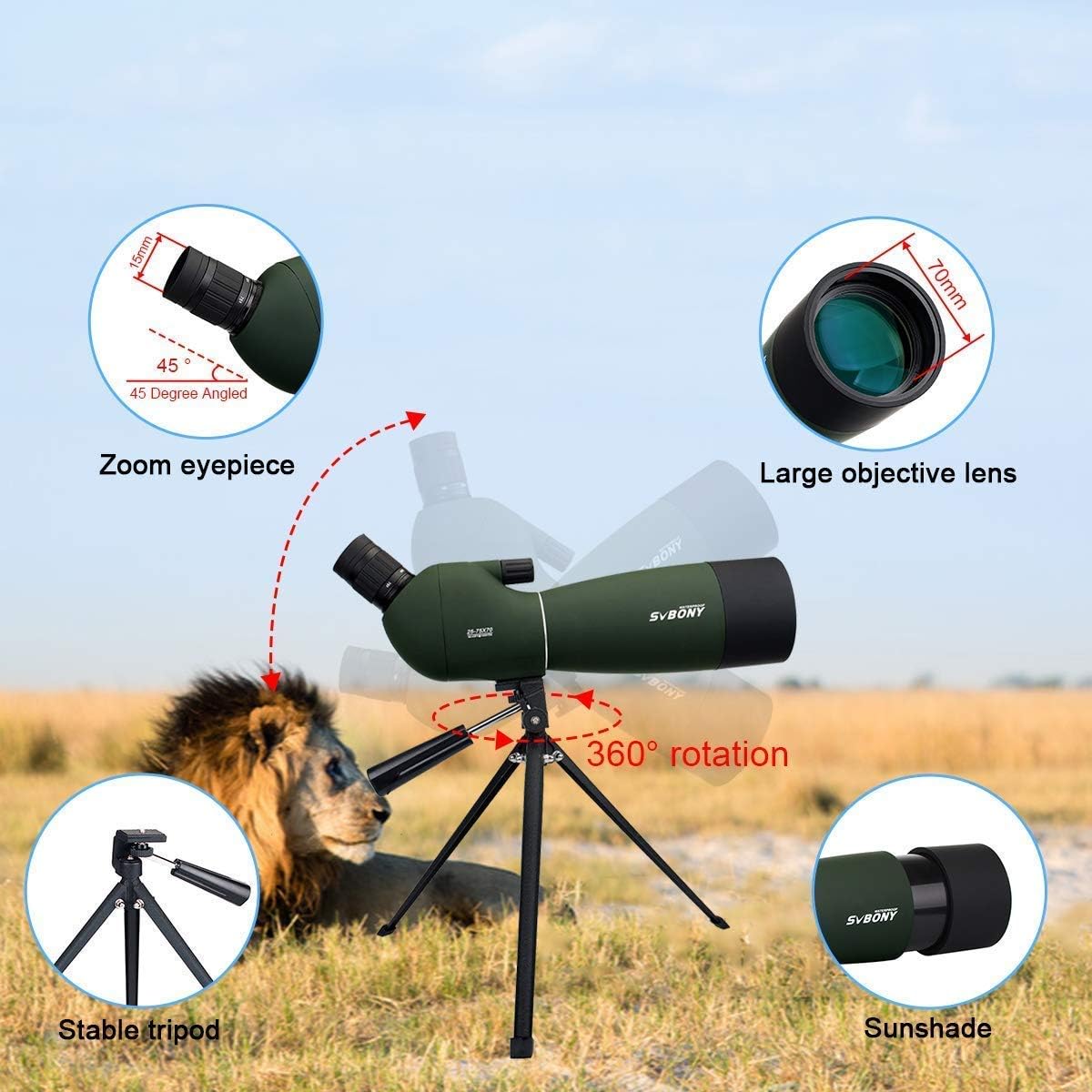 SVBONY SV28 Telescopio Terrestre 25-75x70 Impermeable.