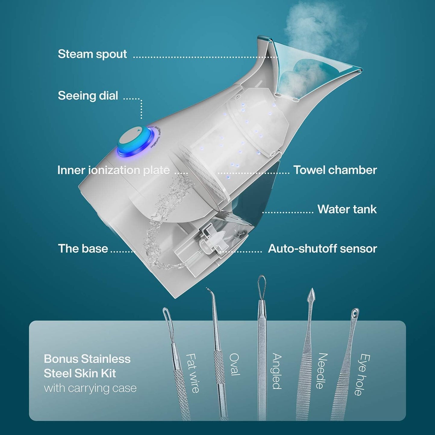 Vaporizador facial iónico Nanosteamer, calidad de spa, Pure Azul.