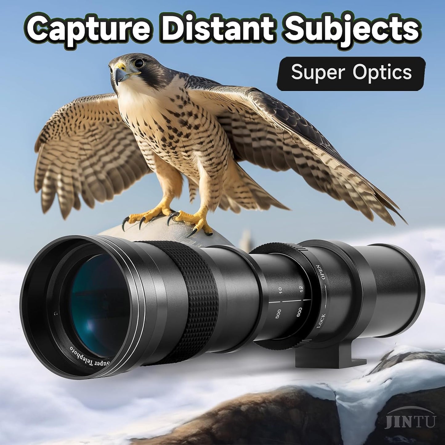 JINTU 420-800mm Camera Lens F/8.3 Super Telephoto Zoom.
