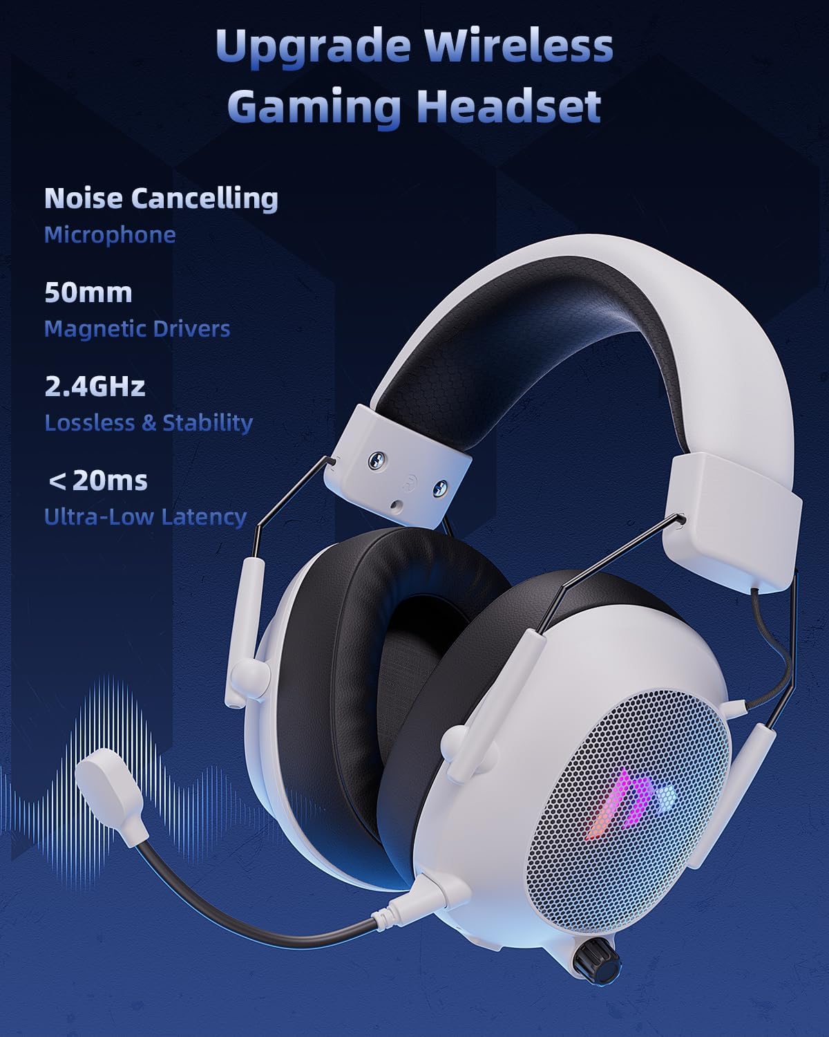 Auriculares inalámbricos, para juegos, de 2,4GHz, BT 5.3, luz RGB.
