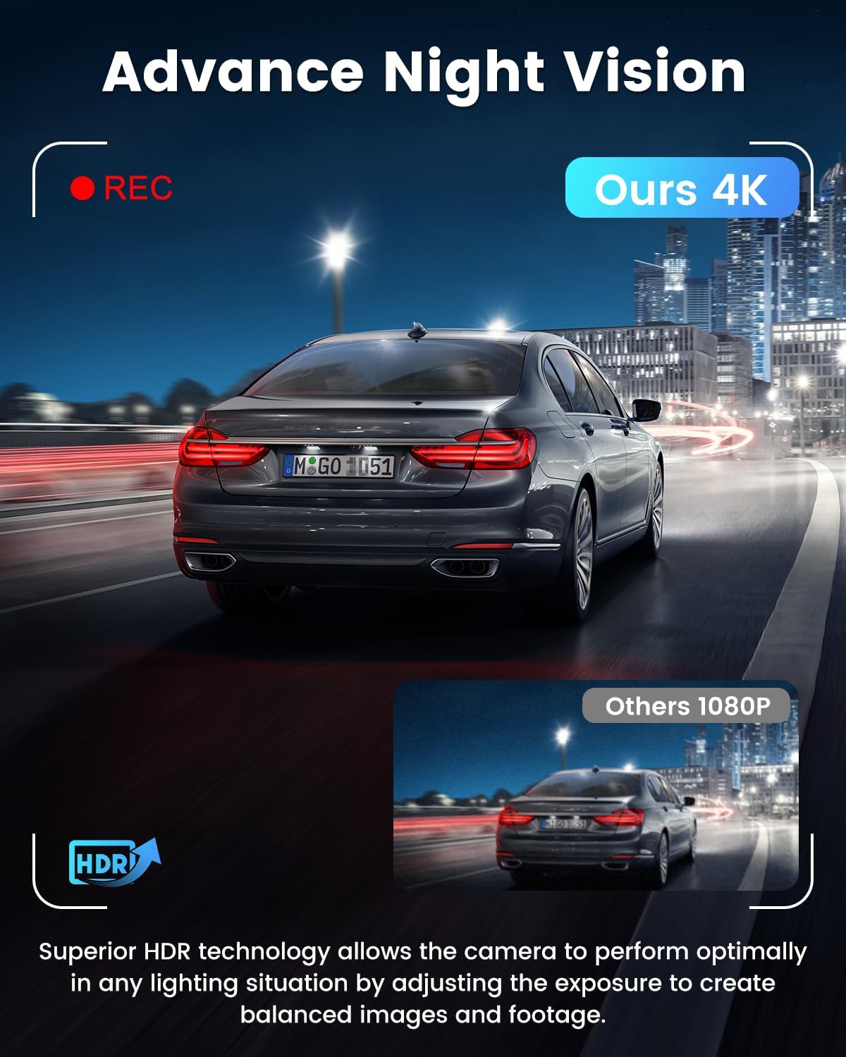 Dash Cam delantera y trasera 4K, cámara WiFi para coche.