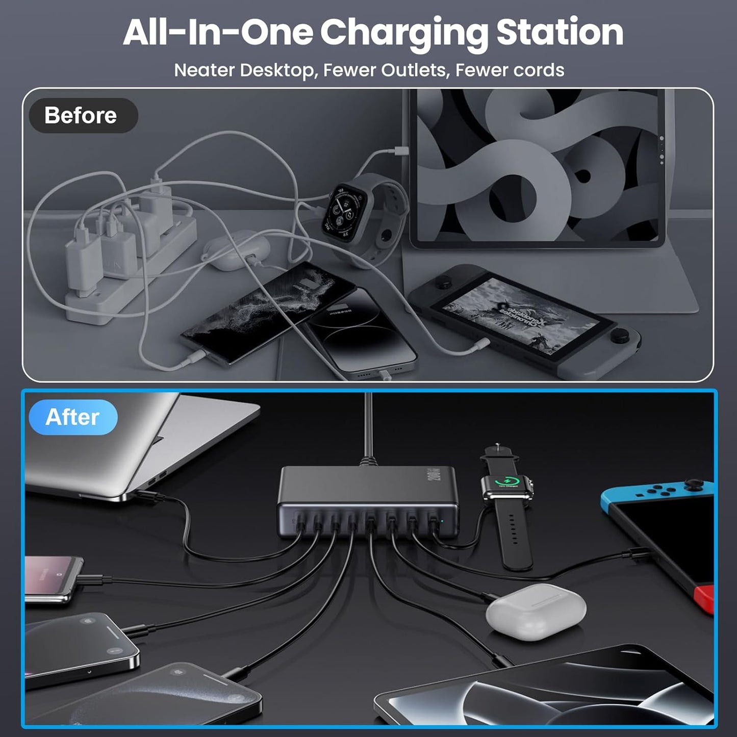Adaptador USB C 200W 8 puertos carga rápida