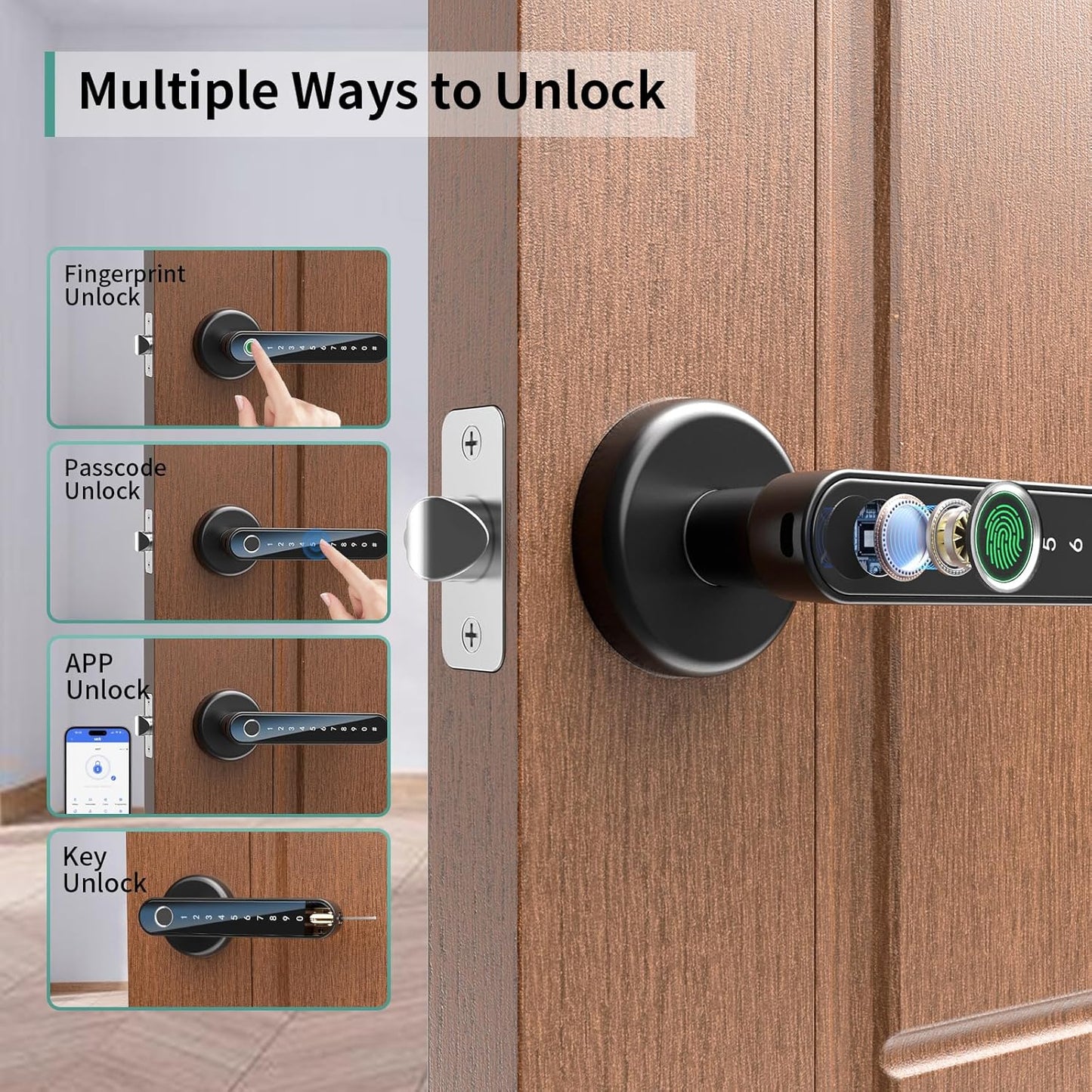 Cerradura de puerta con huella dactilar, cerradura de puerta inteligente con teclado, cerradura de entrada sin llave, con asa para hogar, hotel, oficina, departamento, recámara