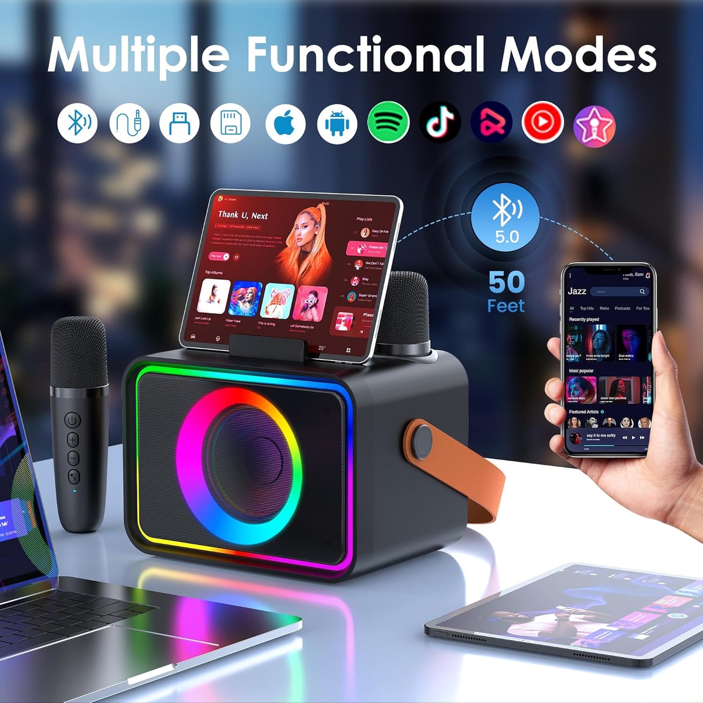 Karaoke para Adultos y niños, 2 micrófonos, portátil con Bluetooth.