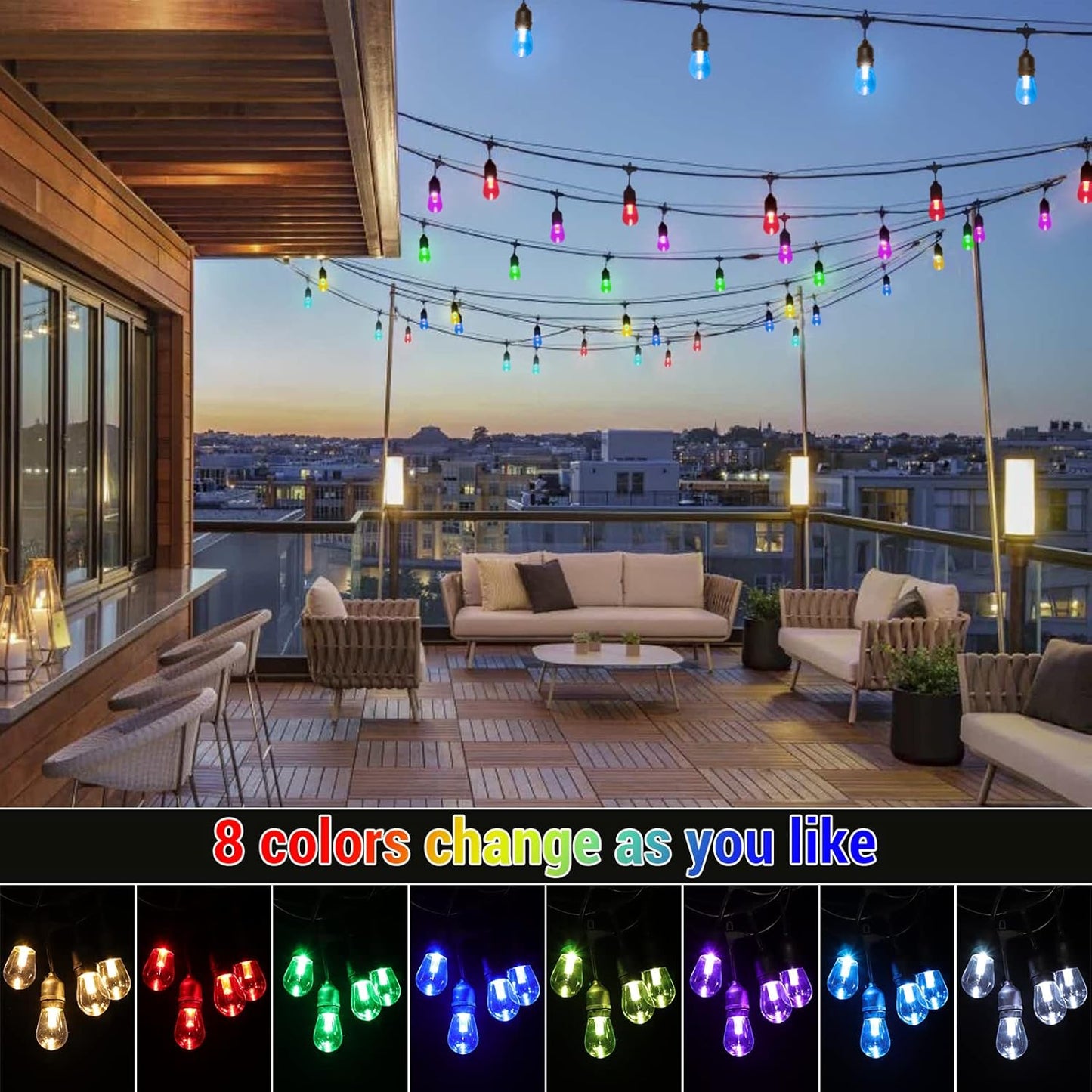 Cadena de luces solares RGB de 48FT, para exteriores, impermeable.