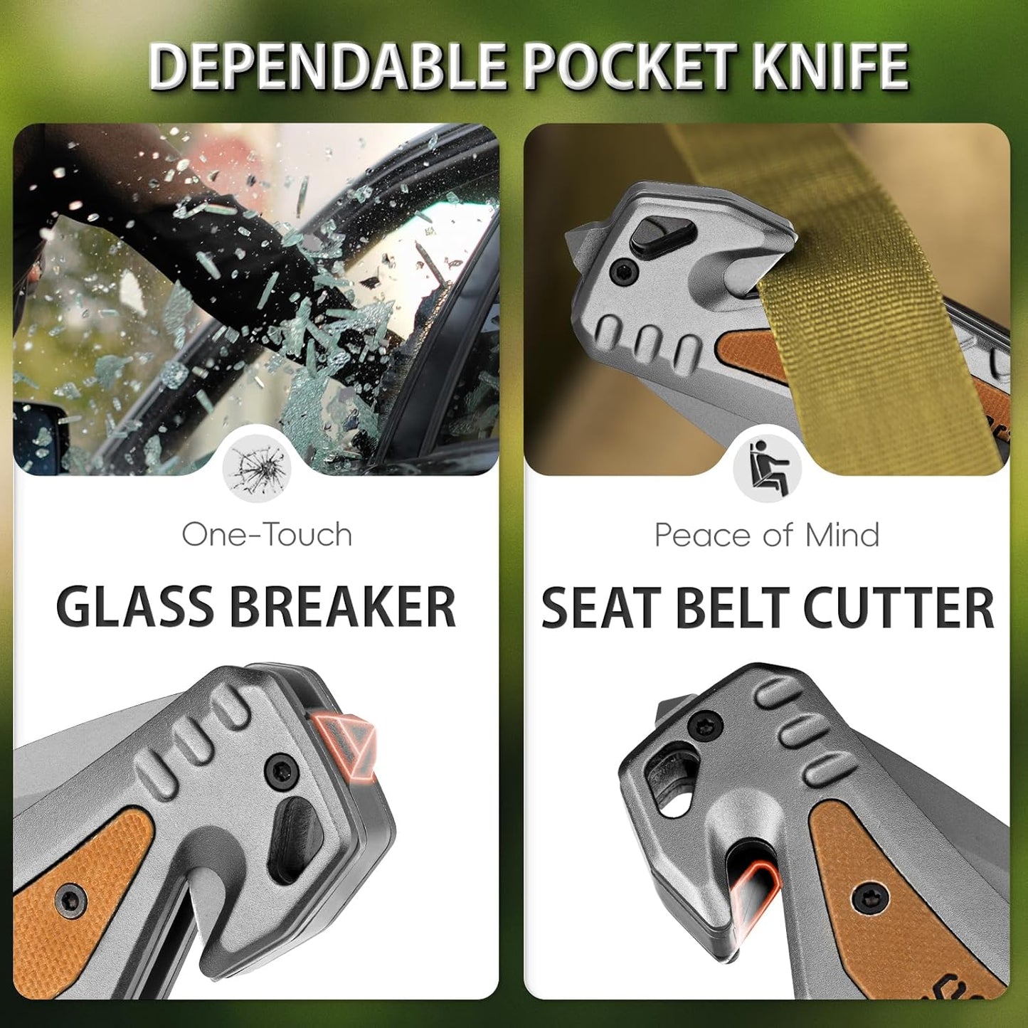 Cuchillo plegable de bolsillo, cortador de cinturón, rompe vidrios. (USADO)