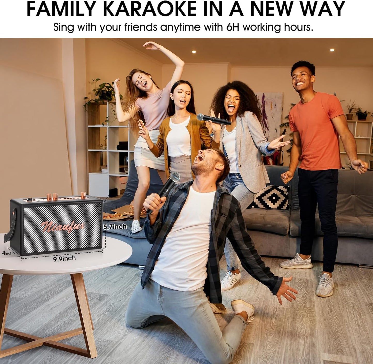 Karaoke retro con 2 micrófonos inalámbricos, Bluetooth, recargable.