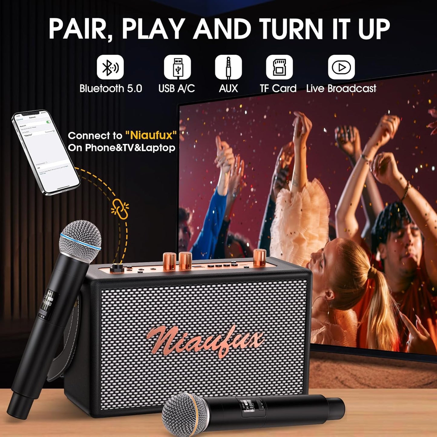 Karaoke retro con 2 micrófonos inalámbricos, Bluetooth, recargable.