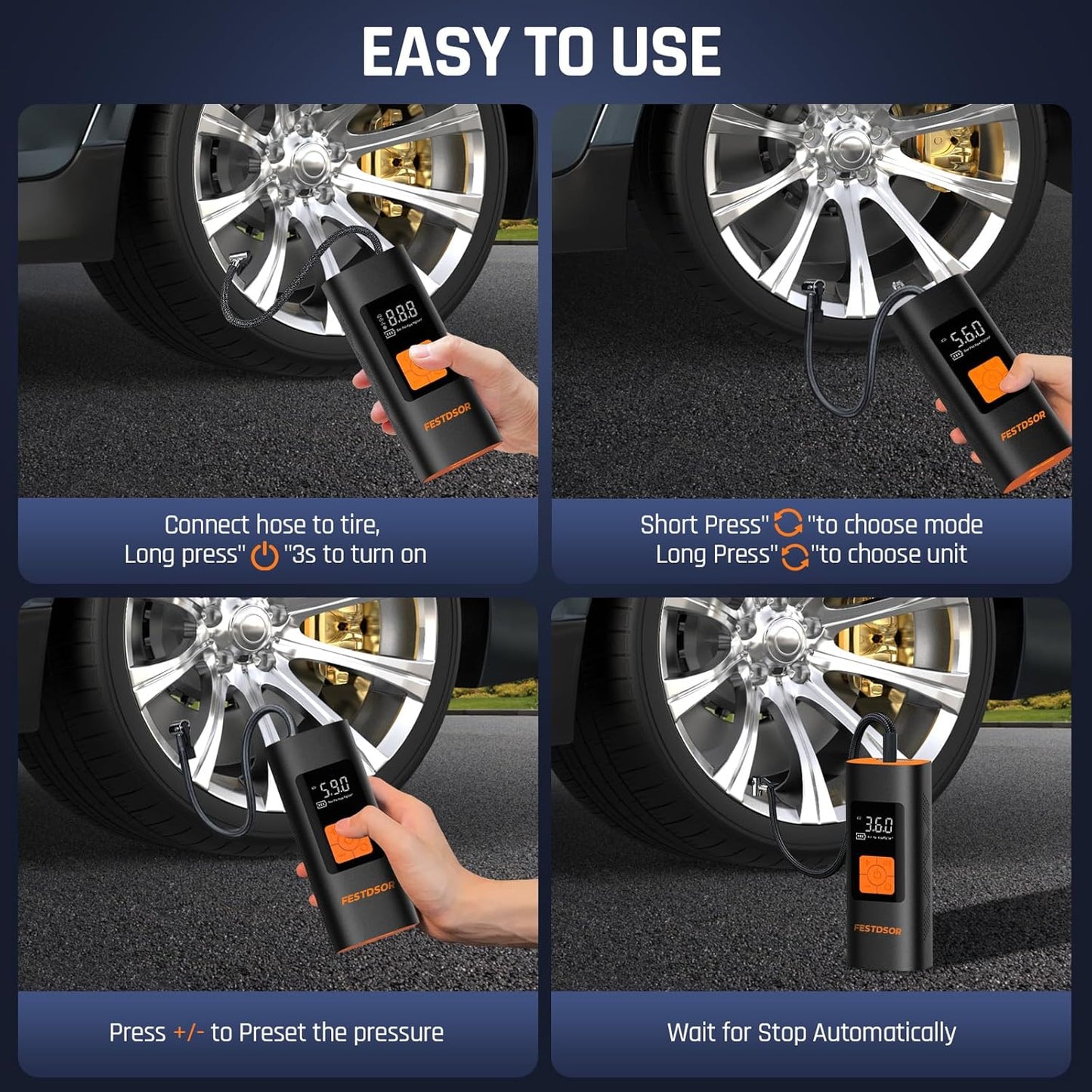FESTDSOR - Inflador de neumáticos portátil, bomba de aire para neumáticos de coche.