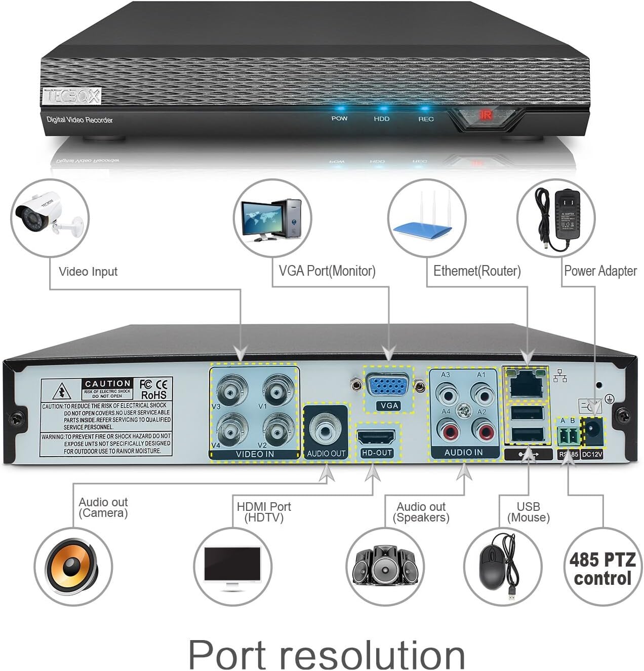 Tecbox 8 Canal 720P AHD DVR sistema de cámara de seguridad.