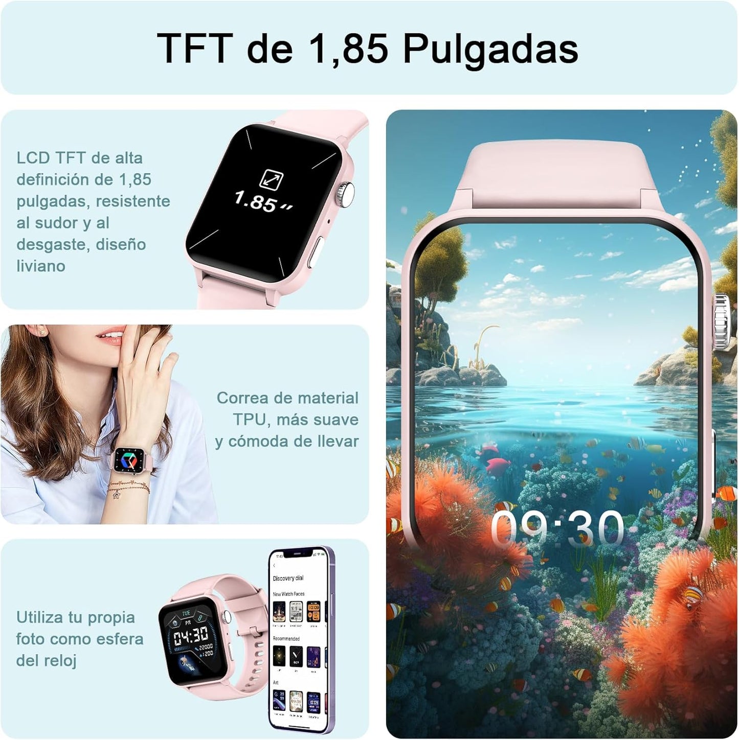 Reloj inteligente, pantalla HD 1.85", voz AI, + 100 modos deportivos.