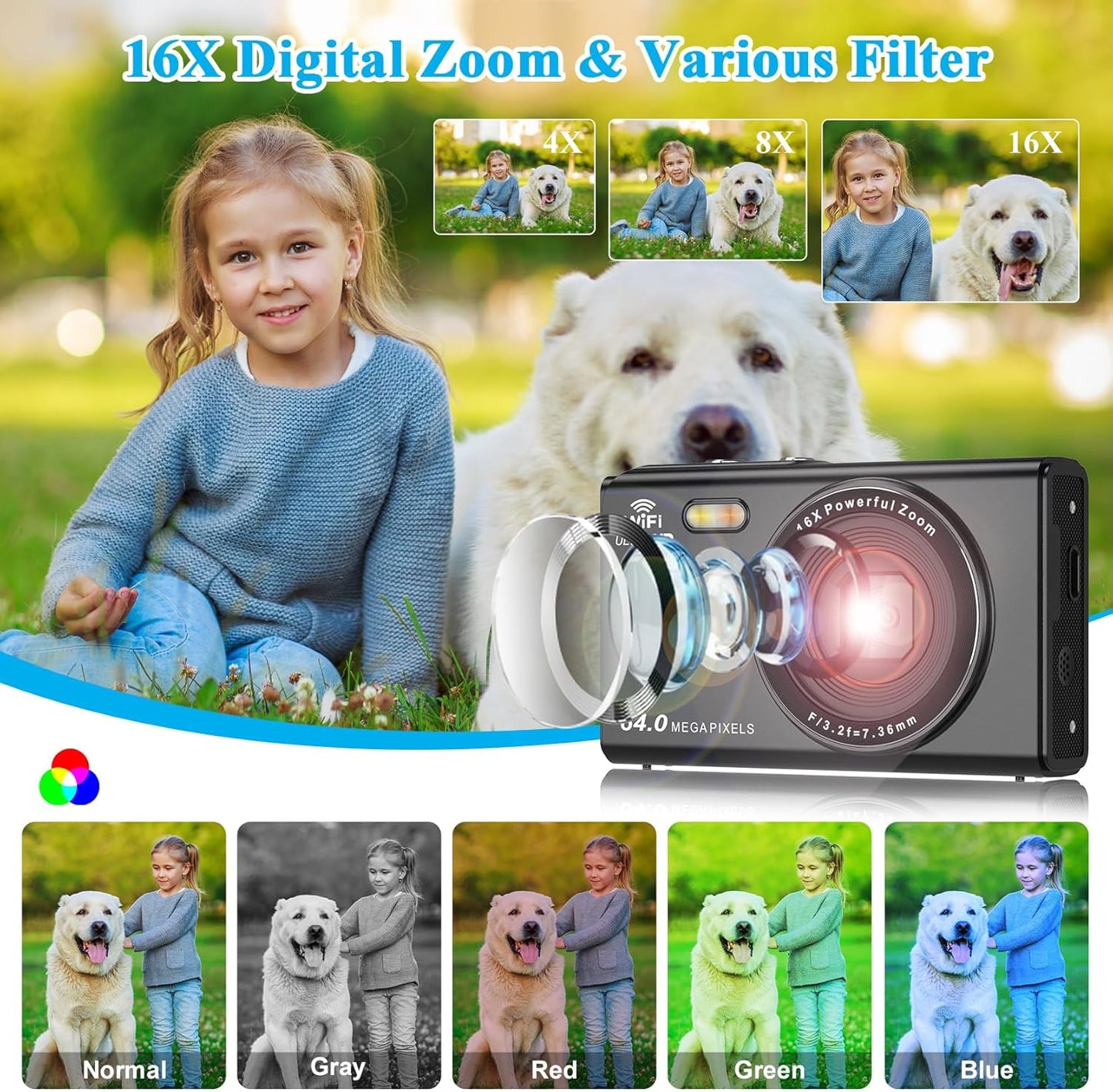 Cámara Digital de 64 MP, Zoom 16X, FHD 1080P, 32 GB, 2 Baterías.