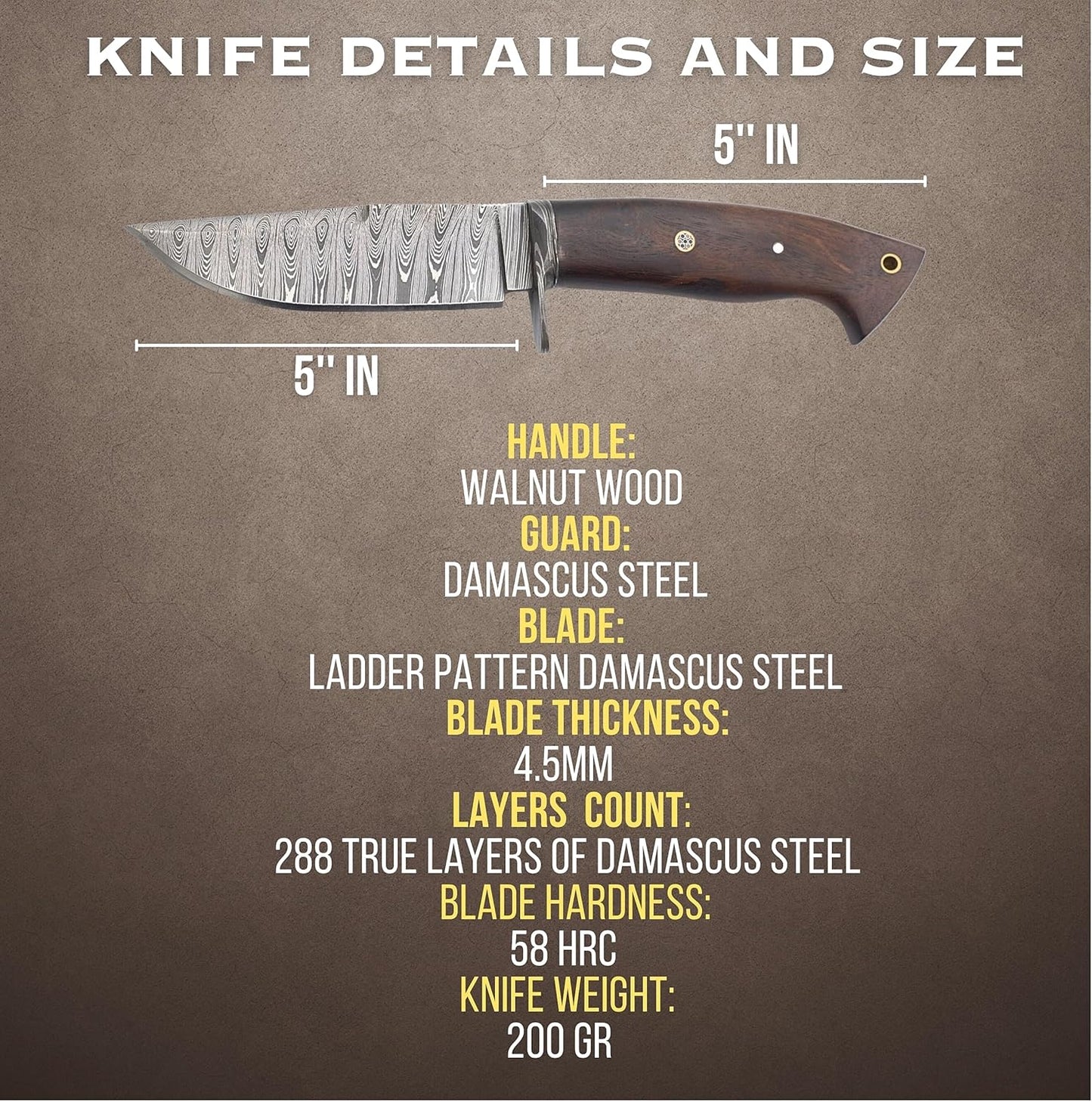 Cuchillo de caza de Damasco hecho a mano con funda de cuero.