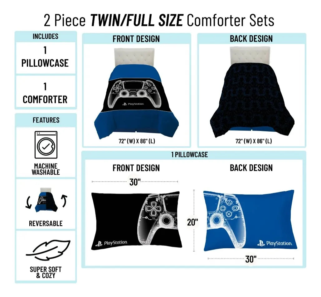 Juego De Cama Reversible Twin, 2 Pzas Gamer PS/ Para Niño.