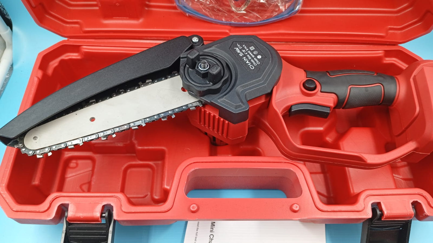 Mini motosierra inalámbrica de 6", 2 baterías y 3 cadenas, portátil.