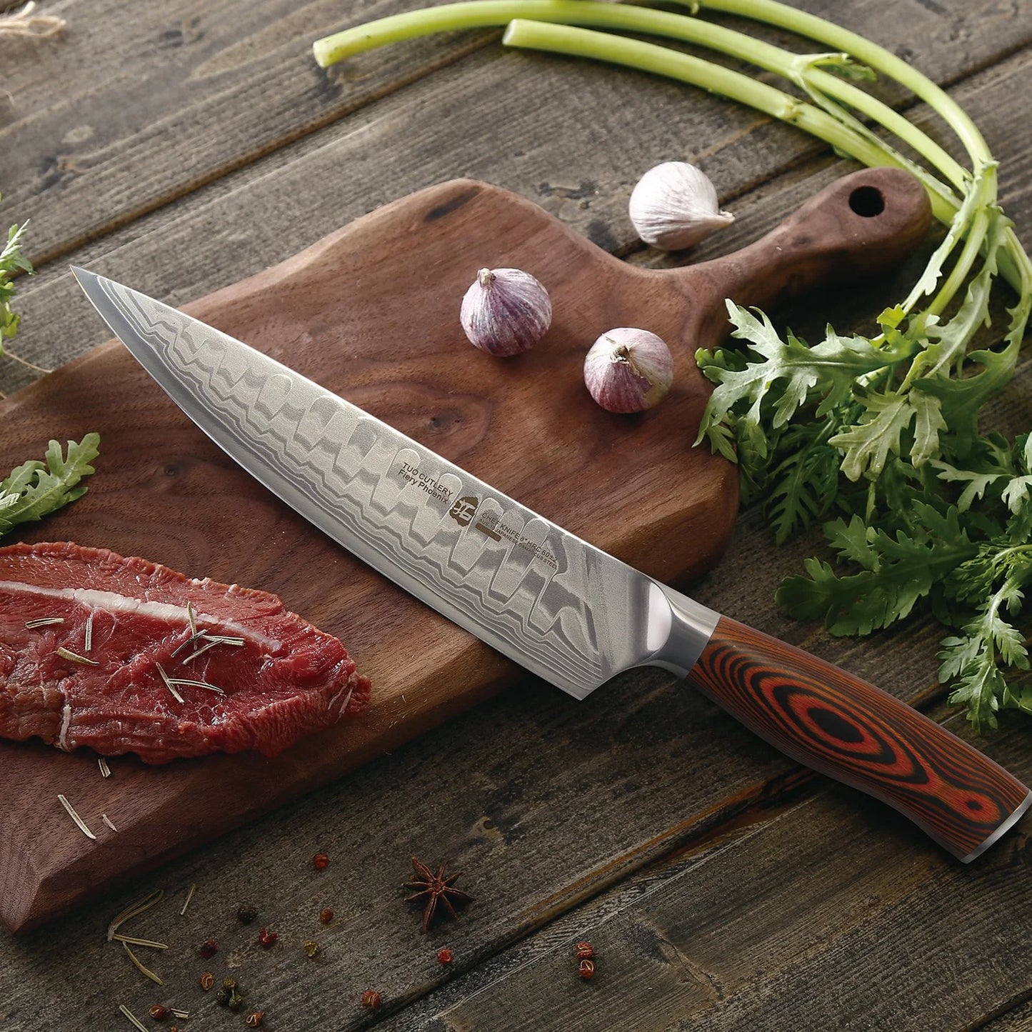 TUO Cuchillo de chef, Acero de damasco, 67 capas, dragon pattern.