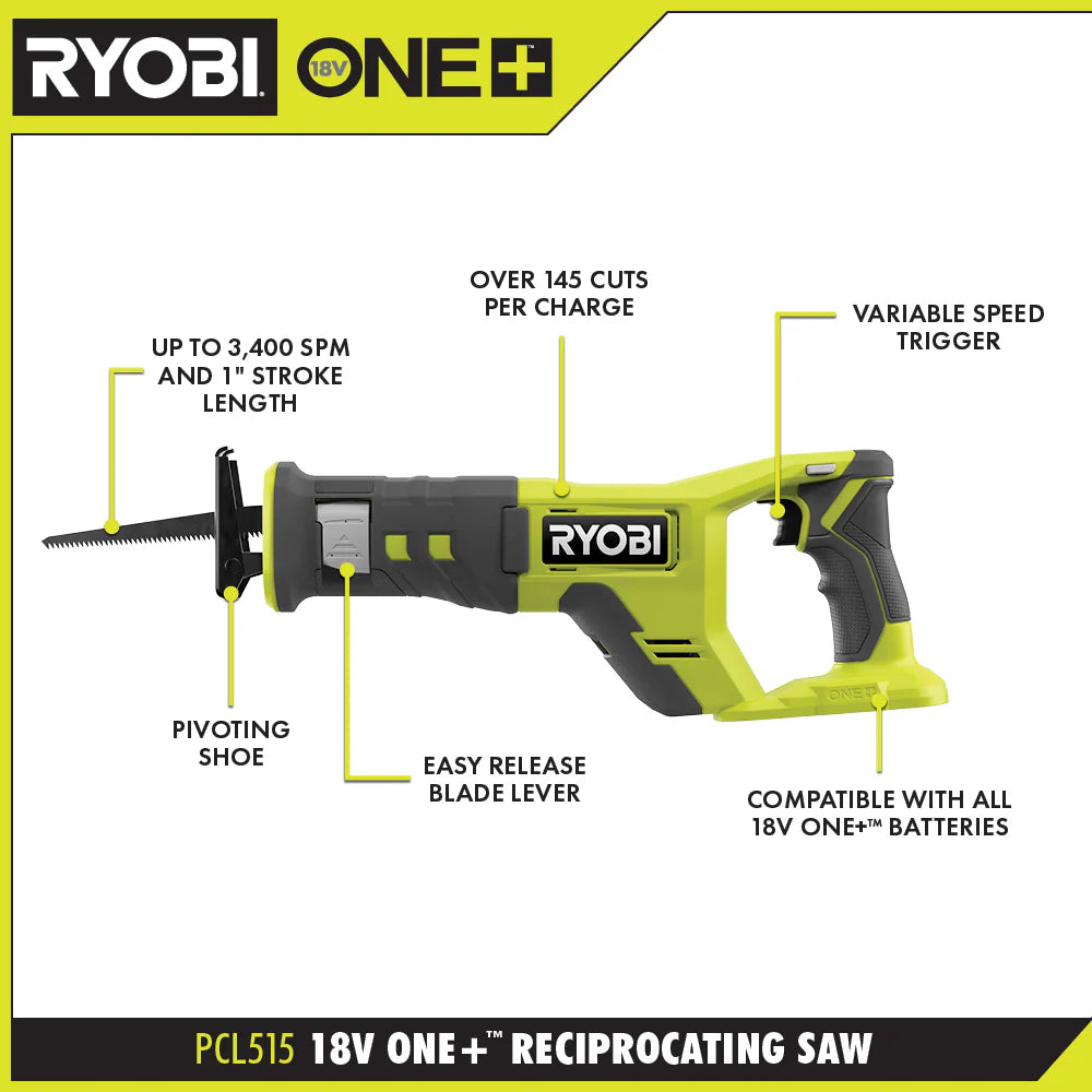 Ryobi One+ Sierra Alternante Inalámbrica De 18 V, PCL515B