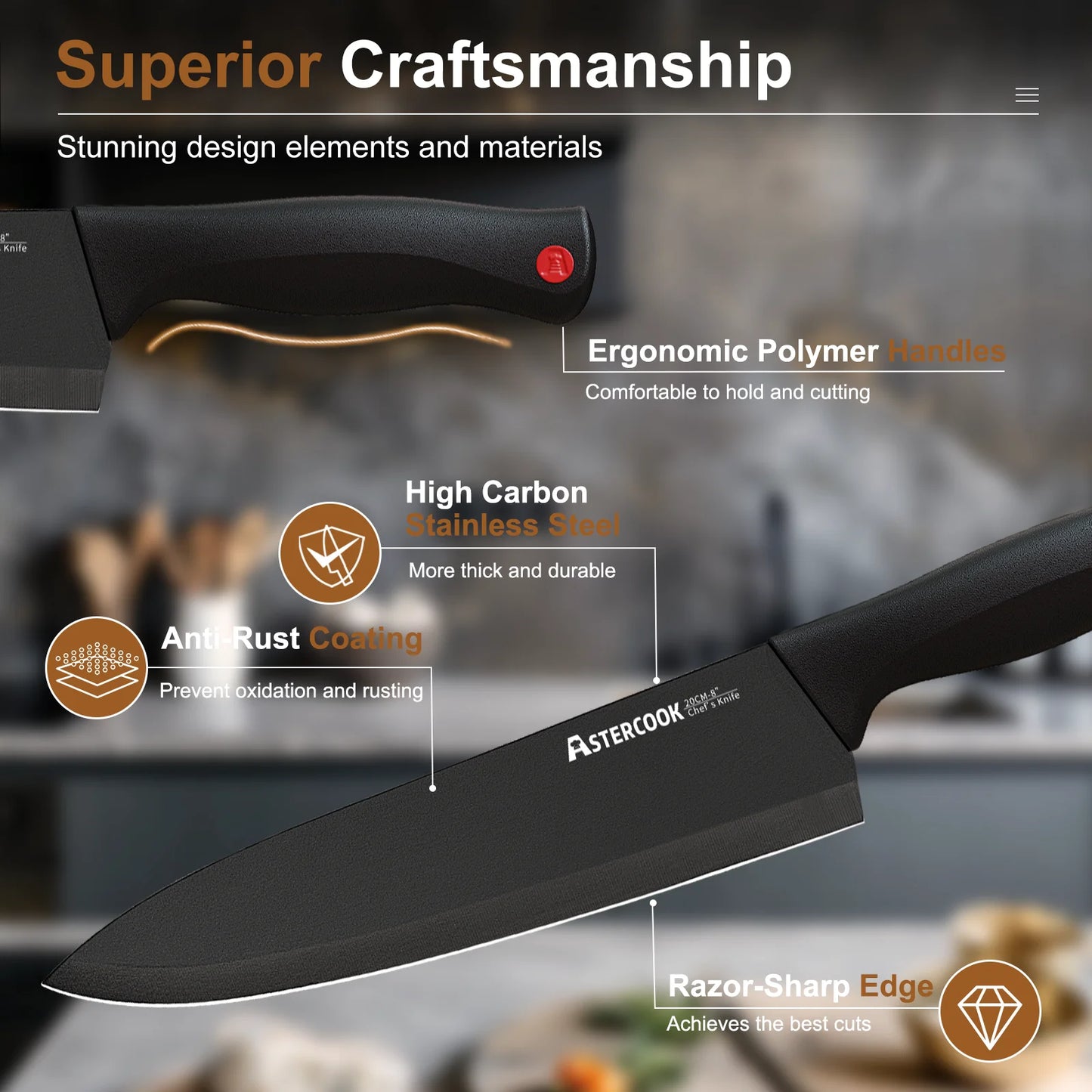 Juego de Cuchillos de Cocina de 14 Pzas con Afilador Incorporado. ASTERCOOK