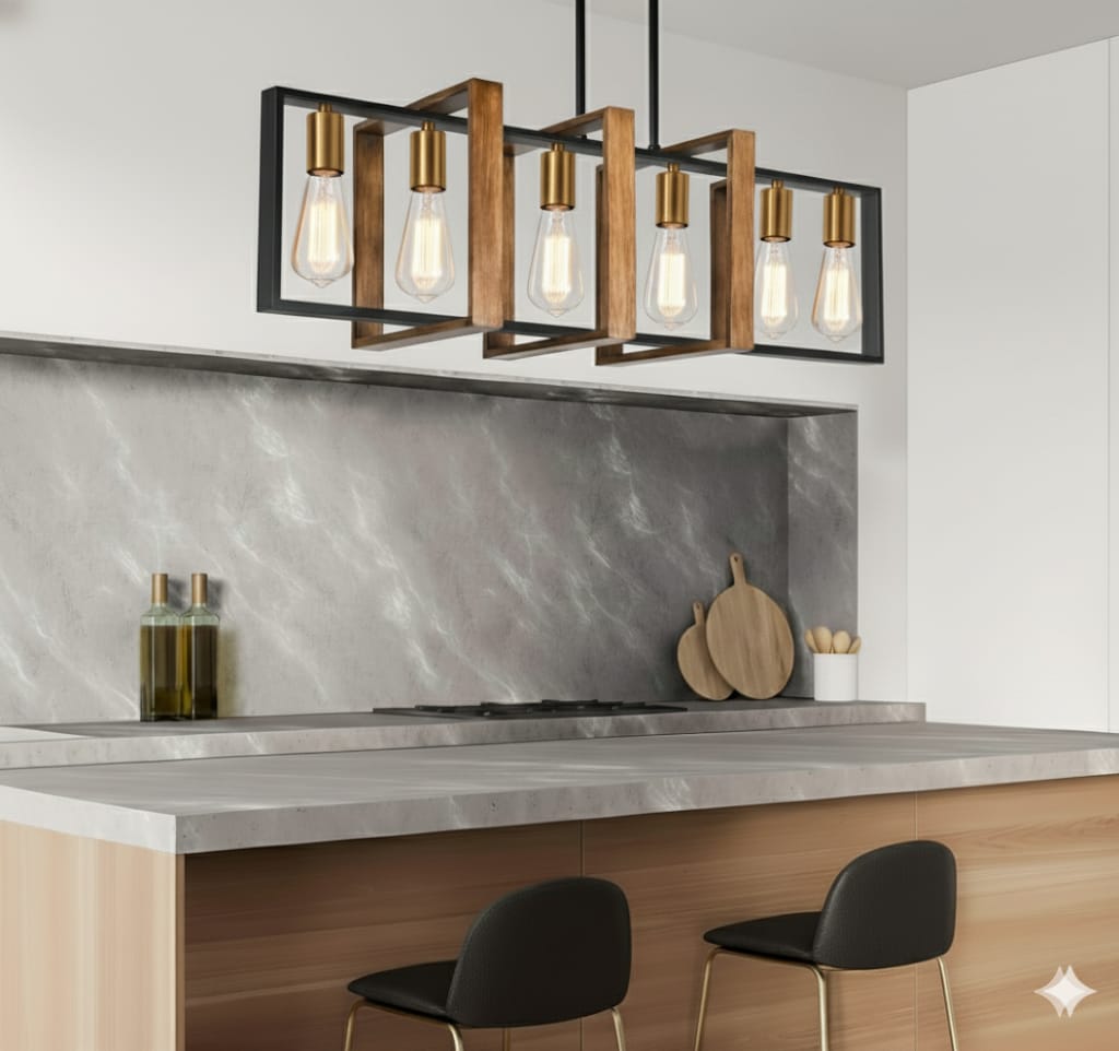 Luces de isla, rectangular de madera y metal, rústico, moderno.