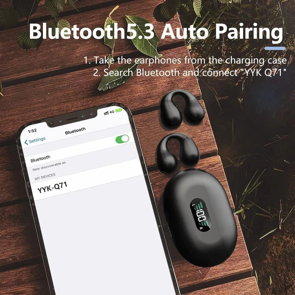 Auriculares inalámbricos, YYK-Q71 Bluetooth 5.3. negros brillantes.